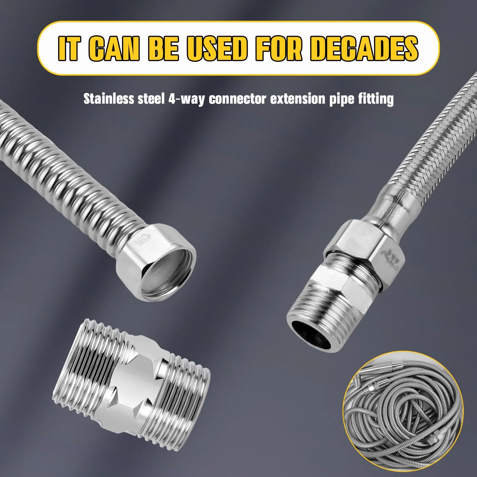 Conector Doble de Acero Inoxidable 1/2" para Manguera de Ducha, Adaptador Macho-Macho Hexagonal, Unión de Extensión