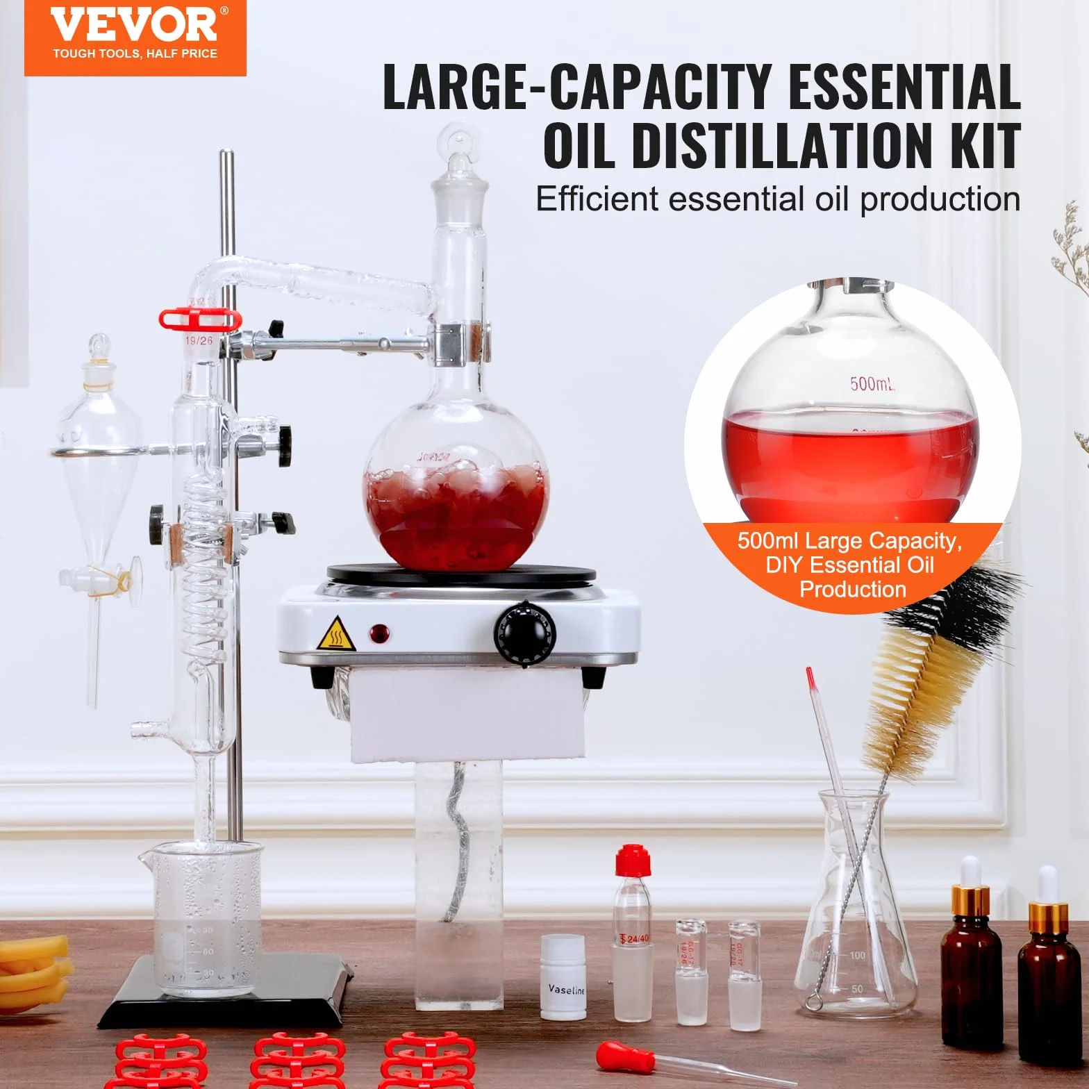 VEVOR Kit de destilación de aceite esencial de 33 piezas, 500 ml, Boro 3.3, placa calefactora 1000 W, junta 24/40