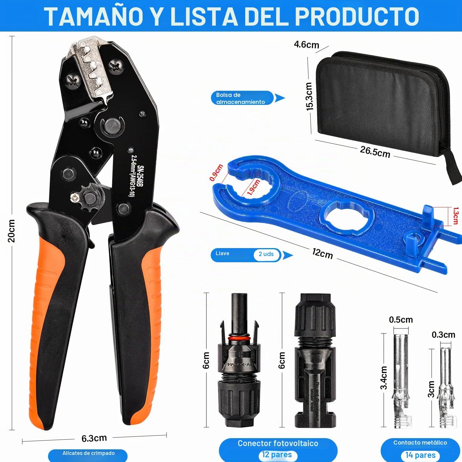 Juego de Herramientas de Crimpado Solar 2,5/4/6 mm², 12 pares Conectores Macho Hembra, Alicate de Engaste
