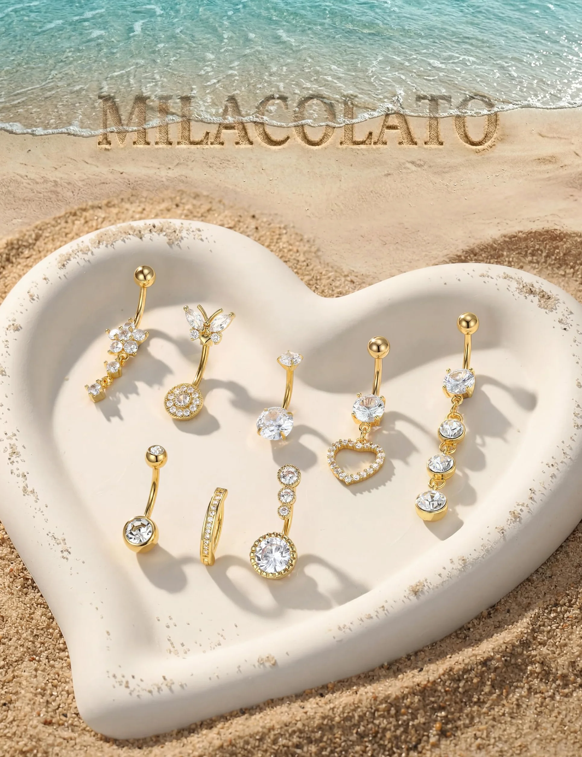 MILACOLATO 8Pcs Perforador de Ombligo de Acero Quirúrgico, Clicker Flor Corazón Mariposa Colgante Ombligo Anillos de Ombligo Set para Mujeres Niñas