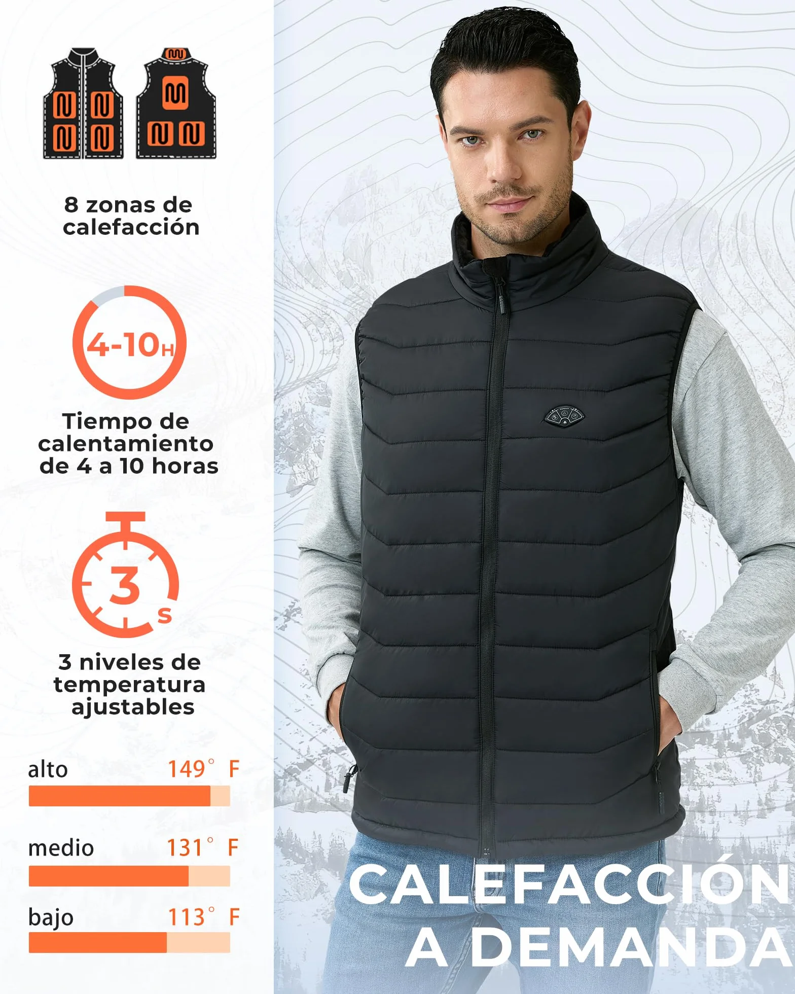 Topdot Chaleco Calefactable Hombre, Chaleco Calefacción Eléctrica con Batería de 7.4V 16000mAh Incluidas, 8 Zonas de Calentamiento, Chalecos de Invierno Cálidos para Exteriores, Senderismo, Acampada