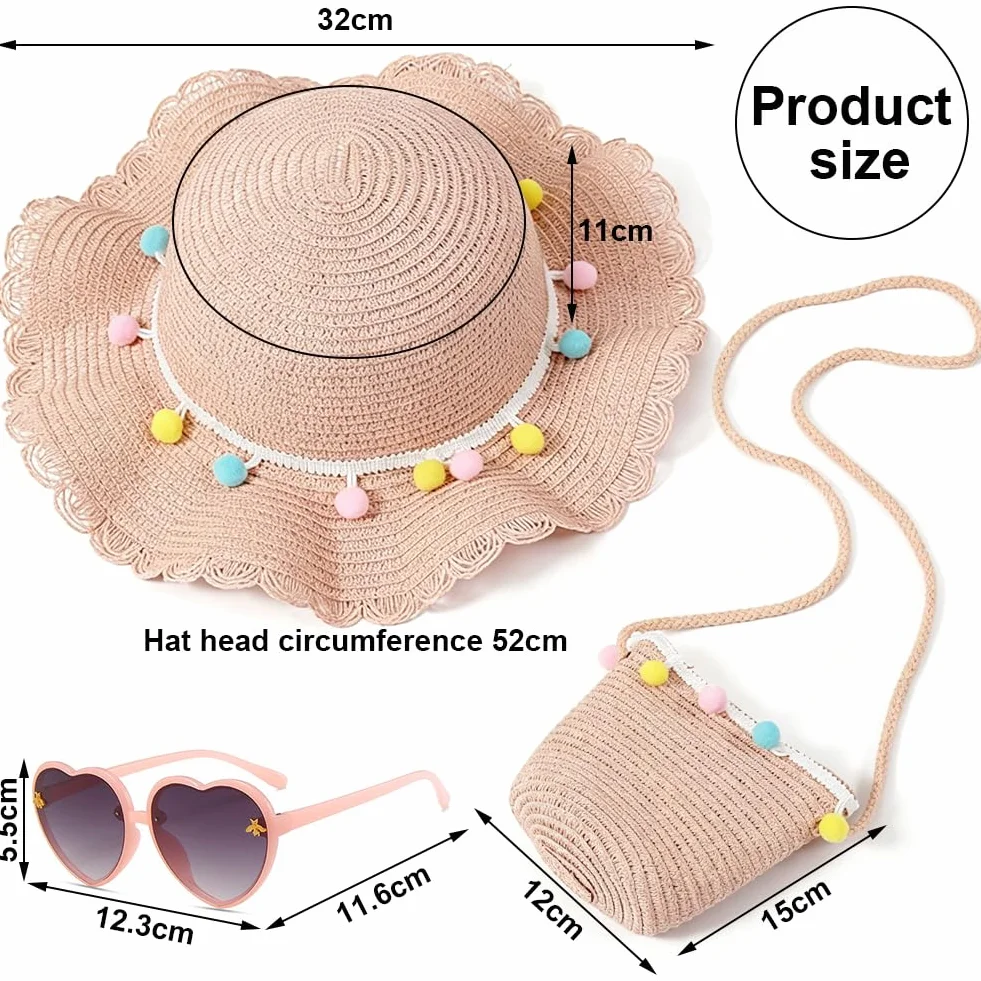 Sombrero de Paja Niñas, Gorra de Sol Chica y Bolsa de Paja Set Gorro de Playa Gafas de Sols Playa de Verano Sombrero Mini Bolsa Cruzada de Pajas Sombreros para Beach Viaje Piscina(Rosa)
