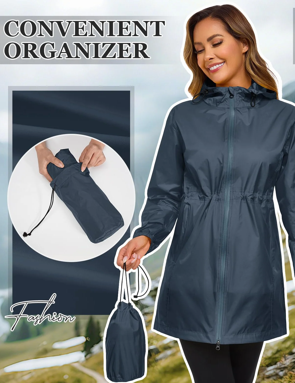 CMTOP Chubasquero Mujer Plegable Impermeable Cortavientos Chaqueta de Lluvia con Capucha