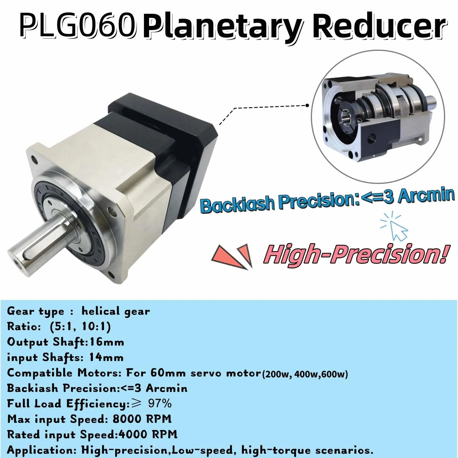 Reductor de velocidad planetario 5:1 4000RPM 200W 400W 14mm 60mm