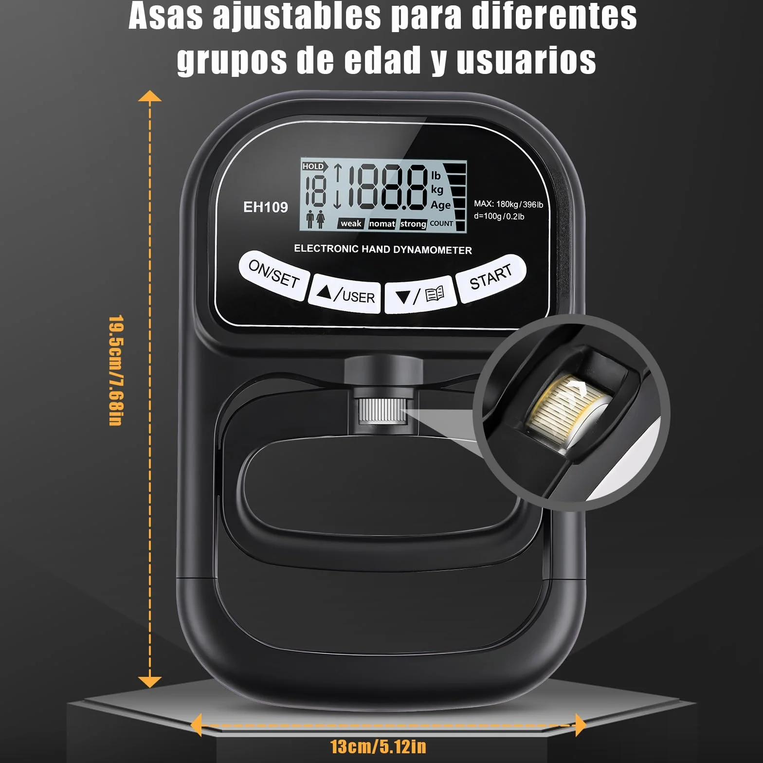 Dinamómetro de Mano Digital Automático 180KG Medidor de Fuerza de Agarre Electrónico Pantalla LCD