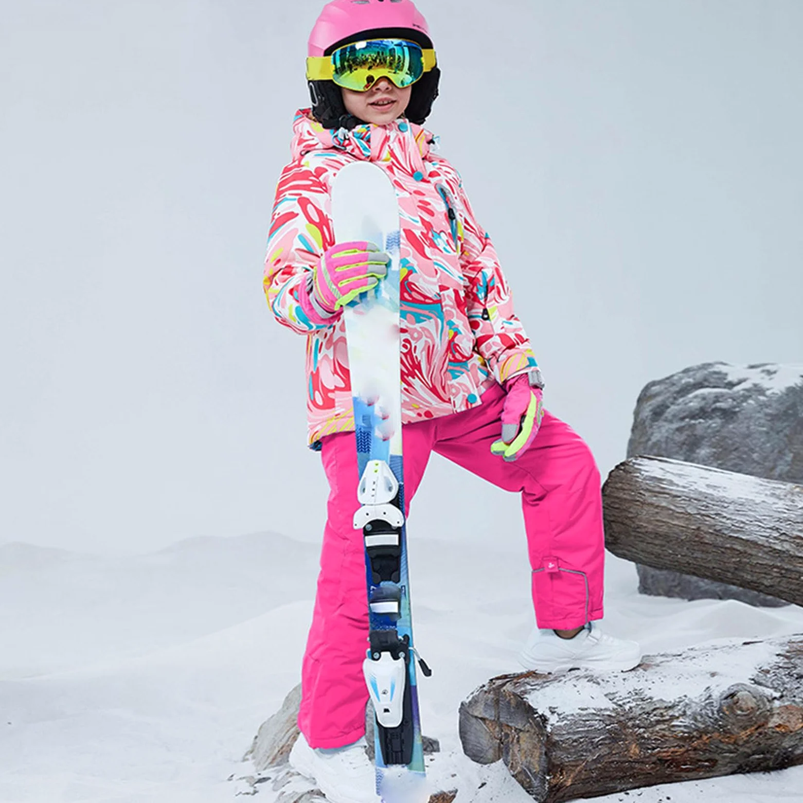 Conjunto de traje de esquí infantil de 2 piezas con capucha, traje de nieve impermeable a prueba de viento para niños y niñas, chaqueta de esquí cálida y pantalones de esquí, rosa brillante