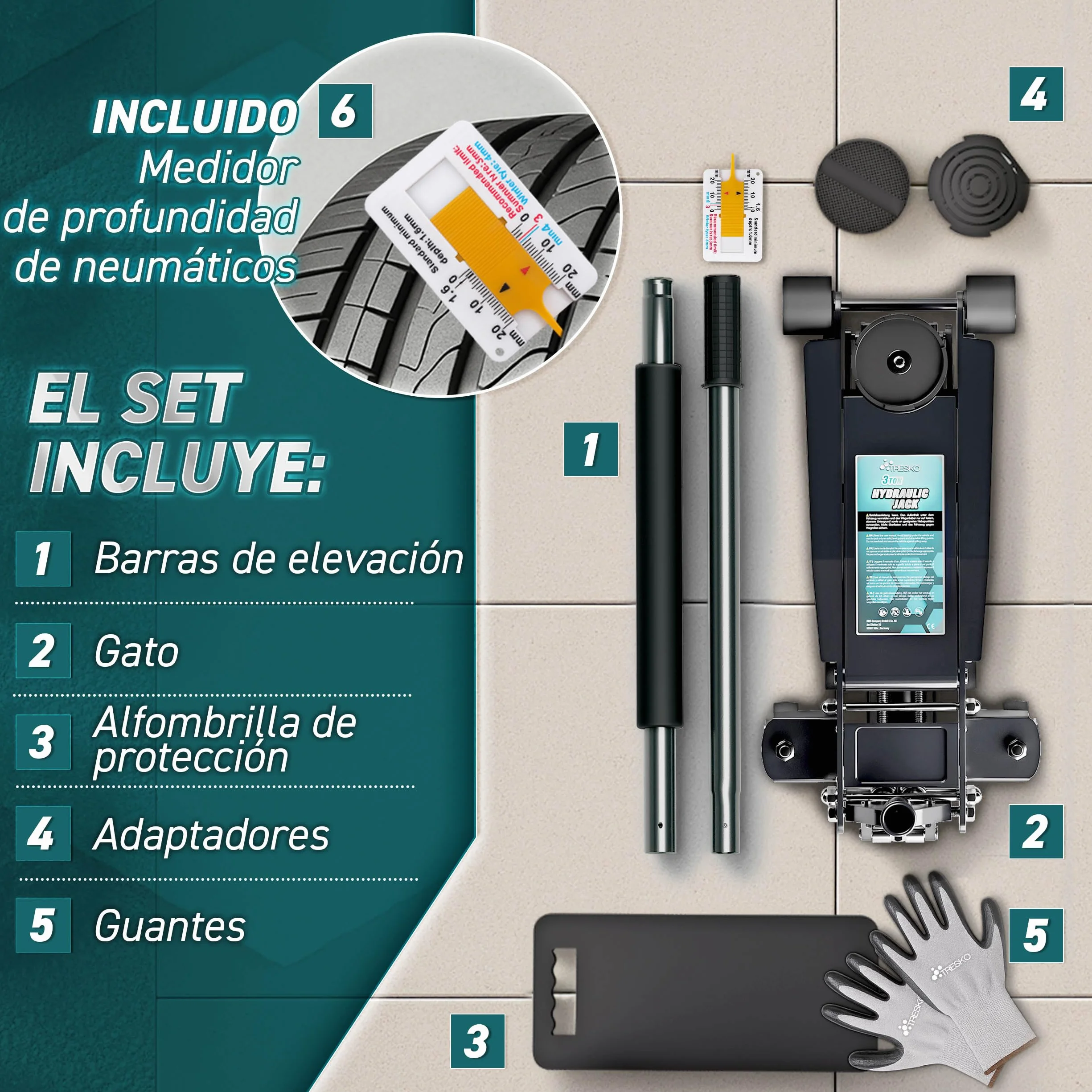 TRESKO gato hidráulico 3T 75-510mm doble pistón ruedas 360°