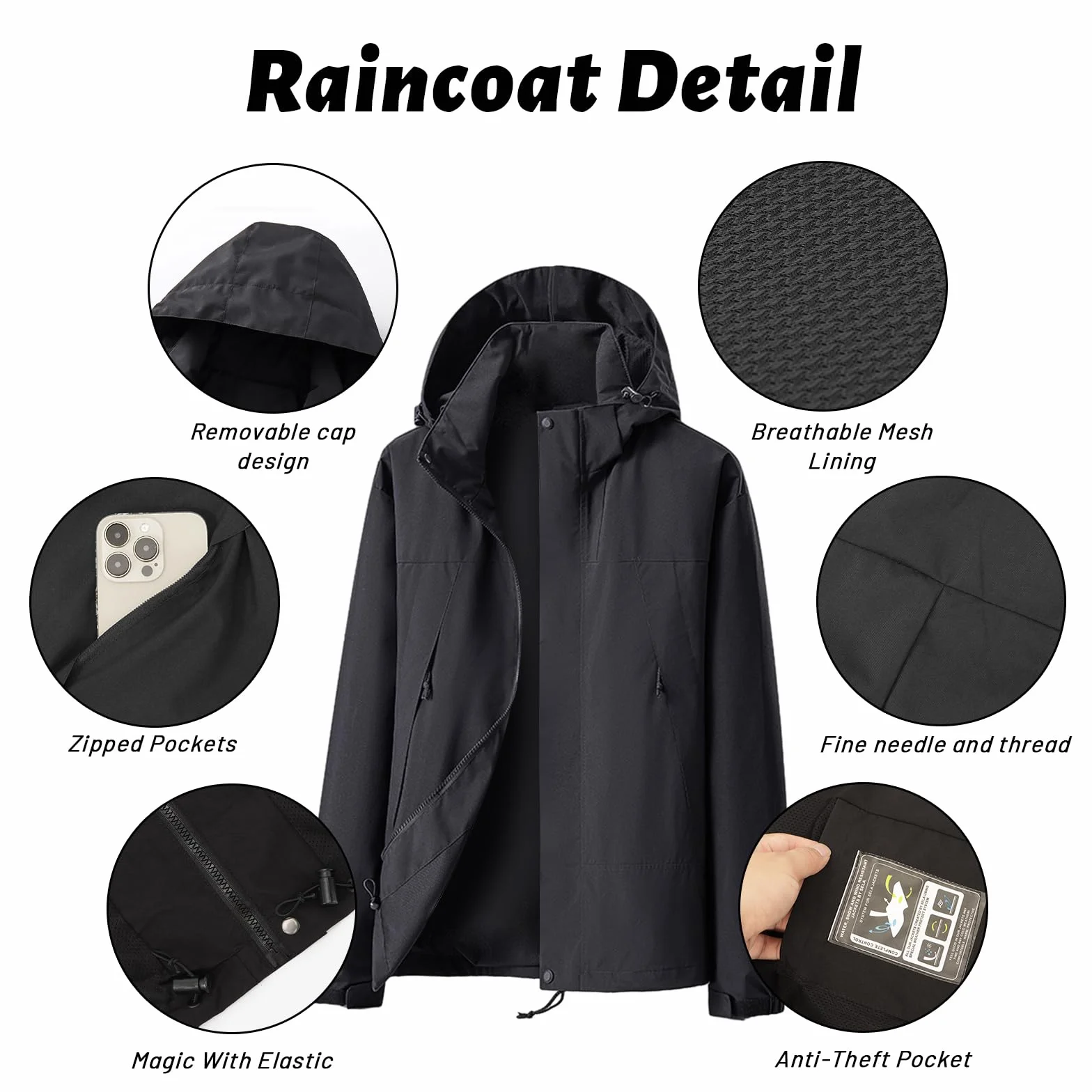 Chubasquero Impermeable para Hombre para Exteriores Transpirable Antiincrustante Chubasquero para Senderismo Cortavientos con Capucha Desmontable y Bolsillo con Cremallera