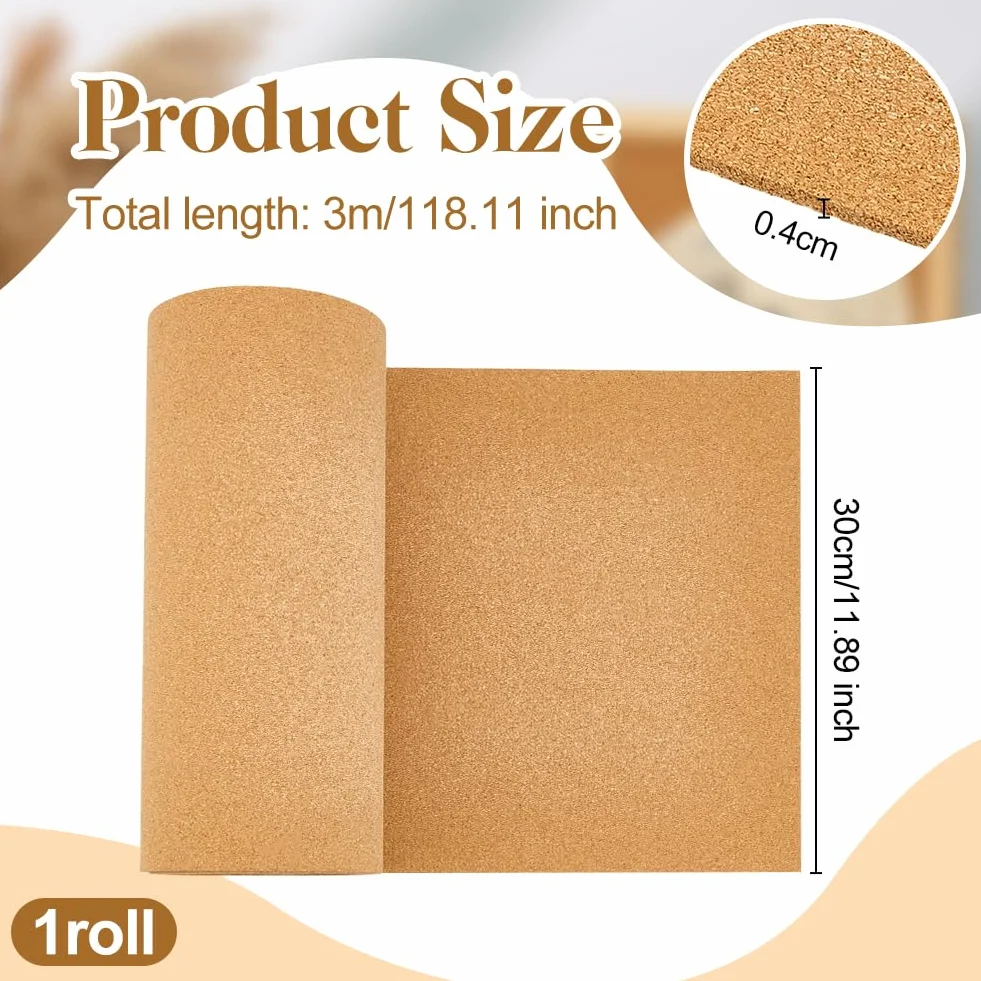 OLYCRAFT Rollo de corcho natural 3 m x 30 cm x 4 mm, tablero de anuncios, manualidades, decoración oficina