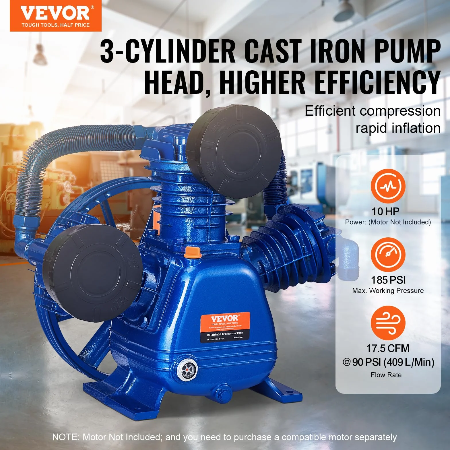 VEVOR Cabezal de Bomba de Compresor de Aire, 10 HP, 17,5 CFM, 185 PSI, Doble Etapa, Hierro Fundido