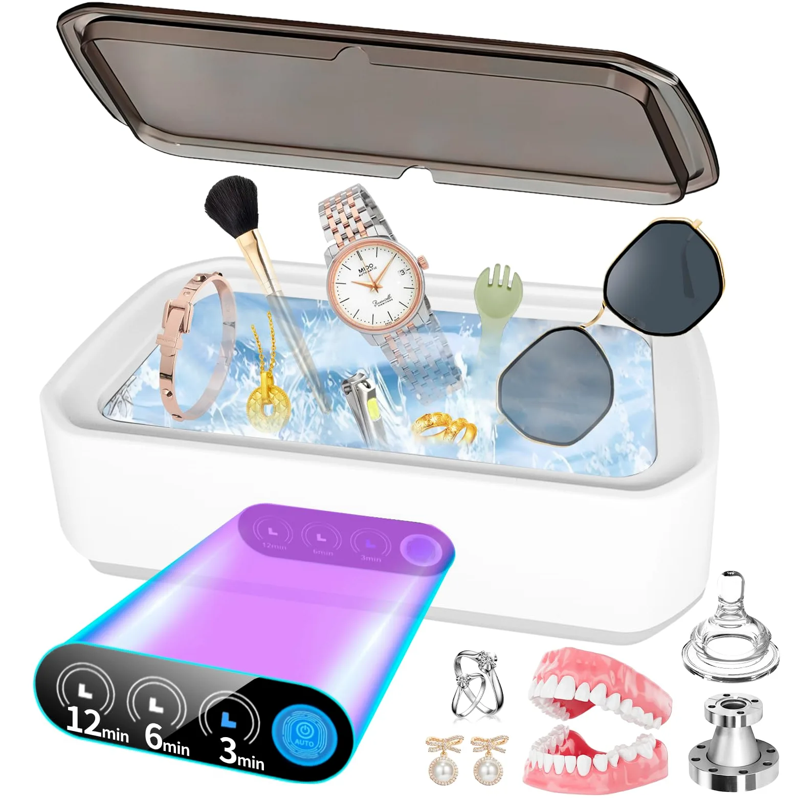 Limpiador ultrasónico profesional para anillos de joyería, 652 g, 49 kHz con 3 modos de limpieza para gafas, anillos, joyas, correas de reloj, dentaduras, collares, etc. Uso en el hogar