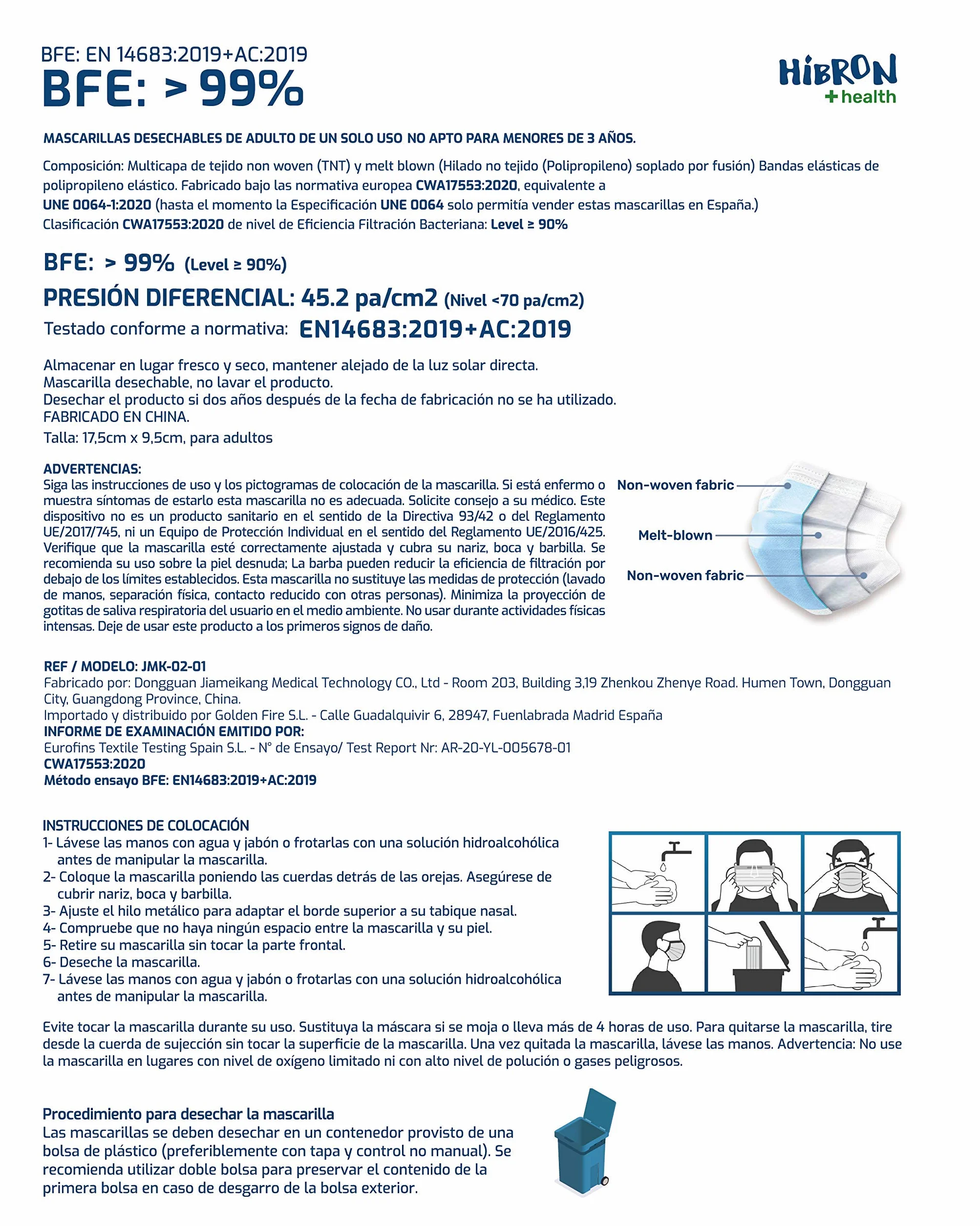 HIBRON 100 Mascarillas Negras Higiénicas Desechables CWA 17553 BFE 99%