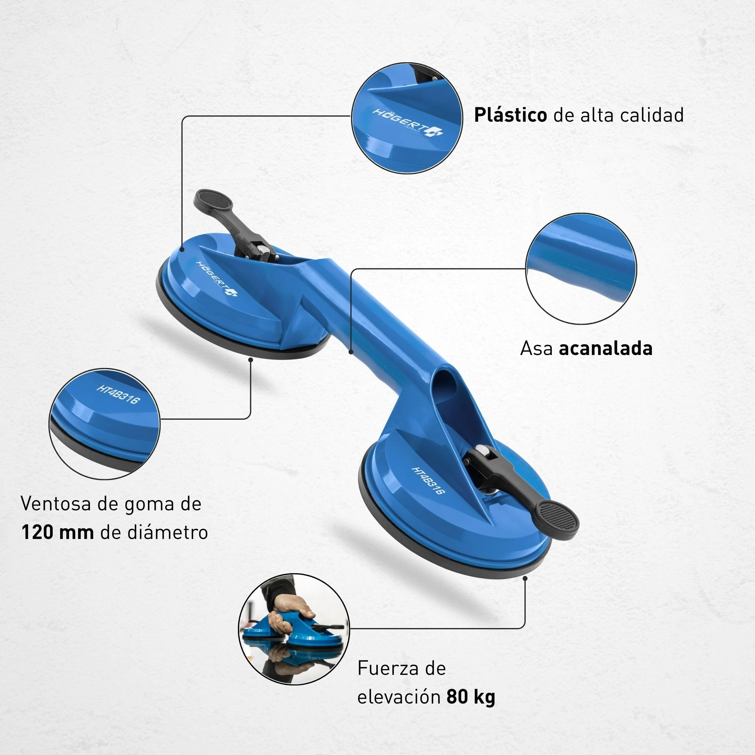 Högert Technik Elevador de succión resistente Doble ventosa 80 kg
