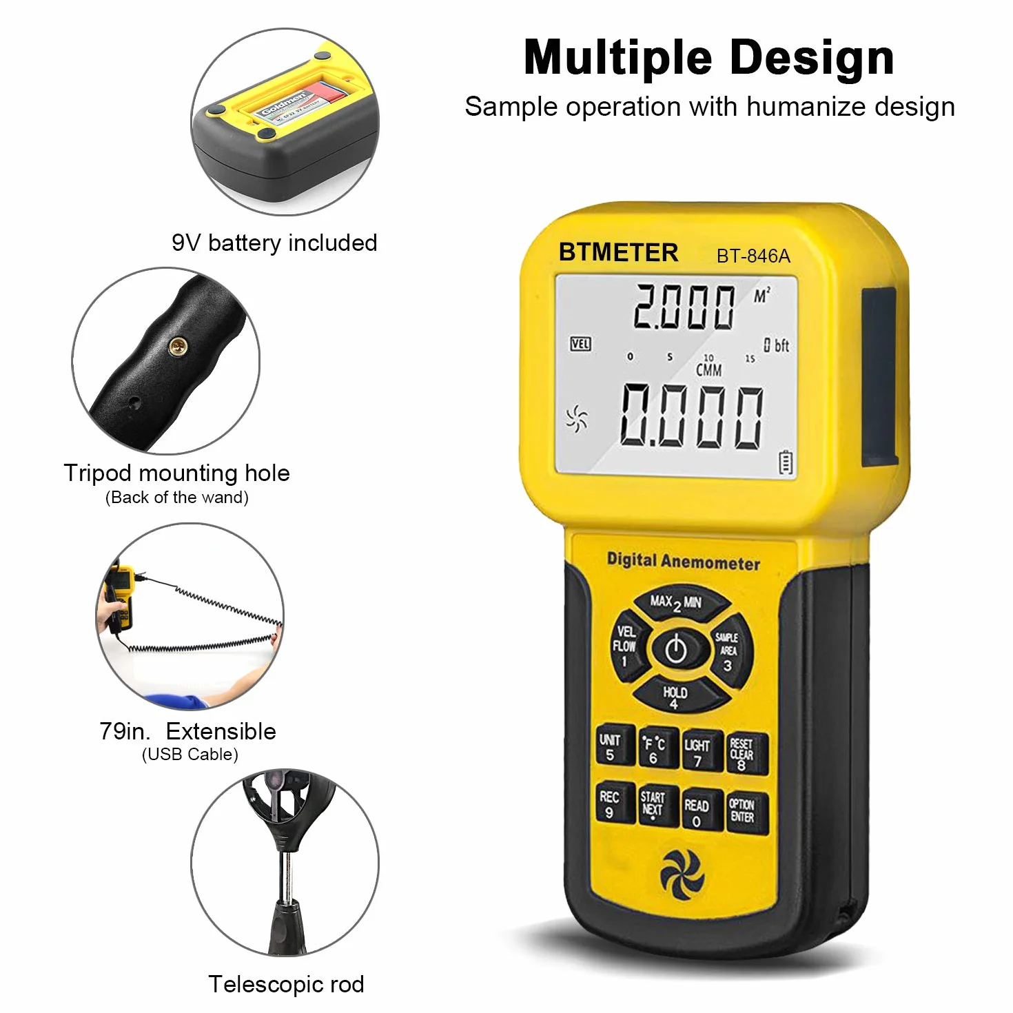 BTMETER Anemómetro BT-846A Pro HVAC Medidor Velocidad Viento Temperatura Flujo Aire CFM Retroiluminación