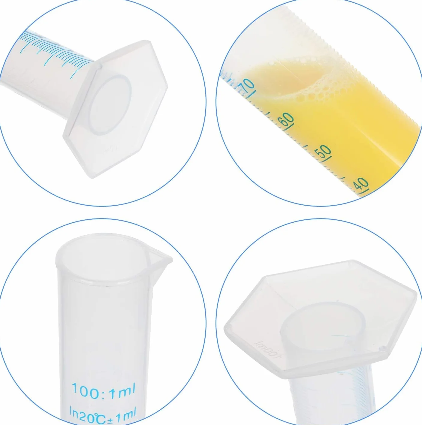 Juego de 4 cilindros medidores de plástico 10/25/50/100 ml para laboratorio y cocina
