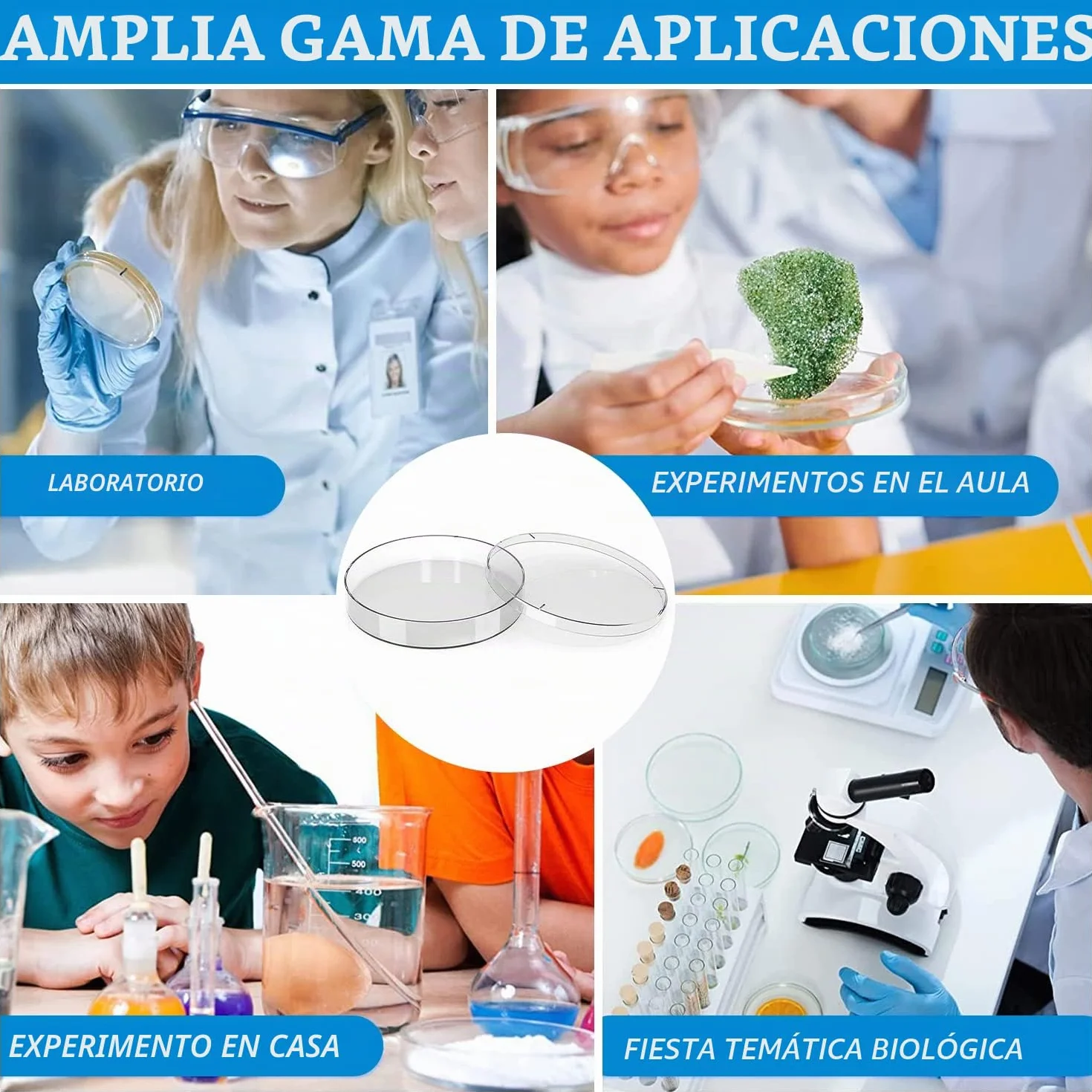 Placas de Petri de Plástico Estériles 55 mm x 13 mm con Goteros y Adhesivo para Laboratorio