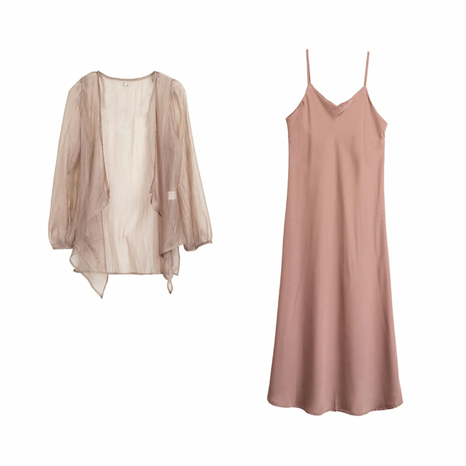 Ropa de Verano para Mujer de Talla Grande, cárdigan Ligeramente Transparente para niña Gorda + Conjunto de Falda con Tirantes - raíz de Loto Rosa - 4XL