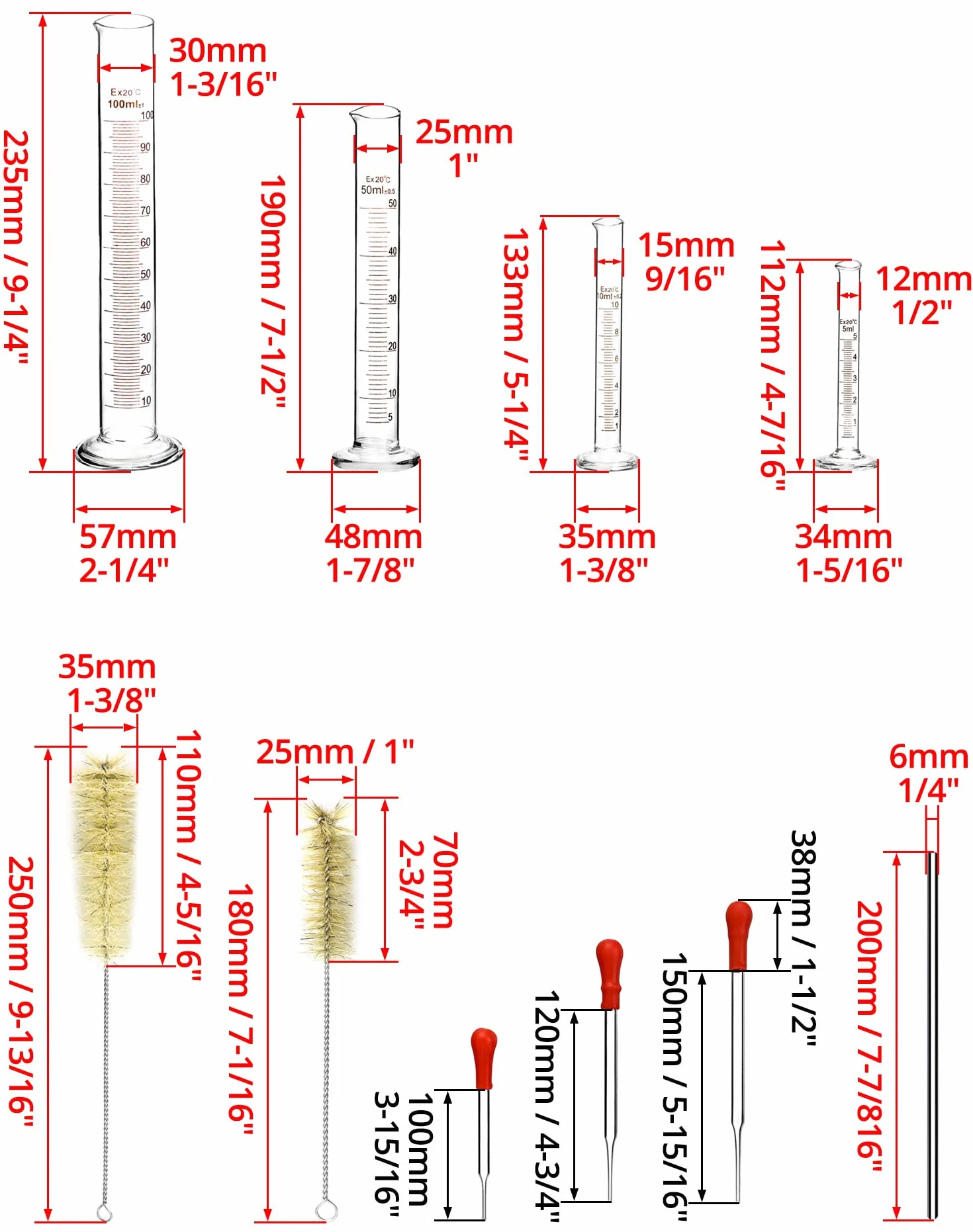 QWORK Cilindro de Medición Laboratorio 5 ml 10 ml 50 ml 100 ml con Pipetas de Vidrio
