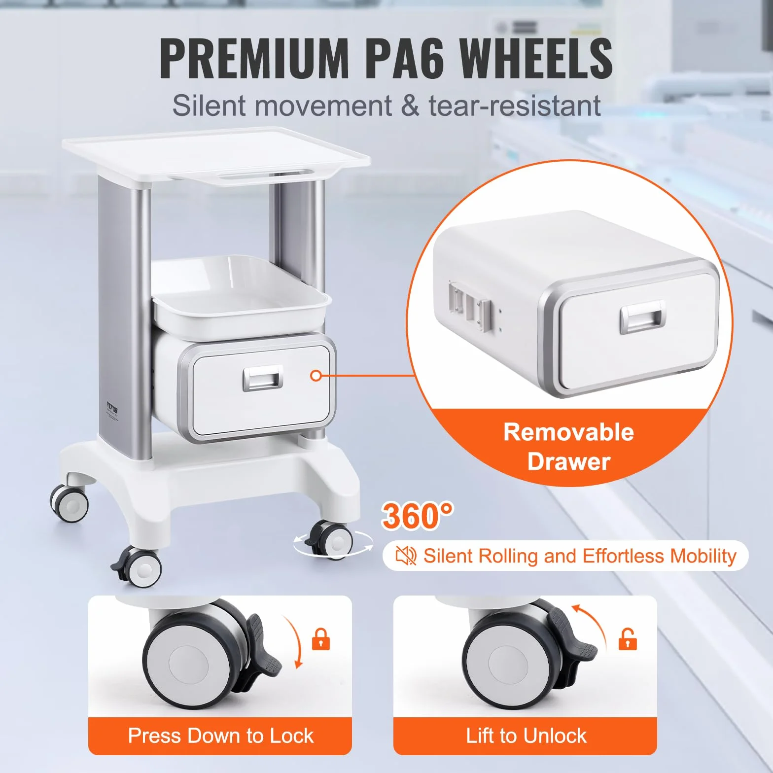 VEVOR Carro Médico de 2 Niveles con 1 Cajón, Bandeja Superior, Ruedas Silenciosas, ABS, Blanco