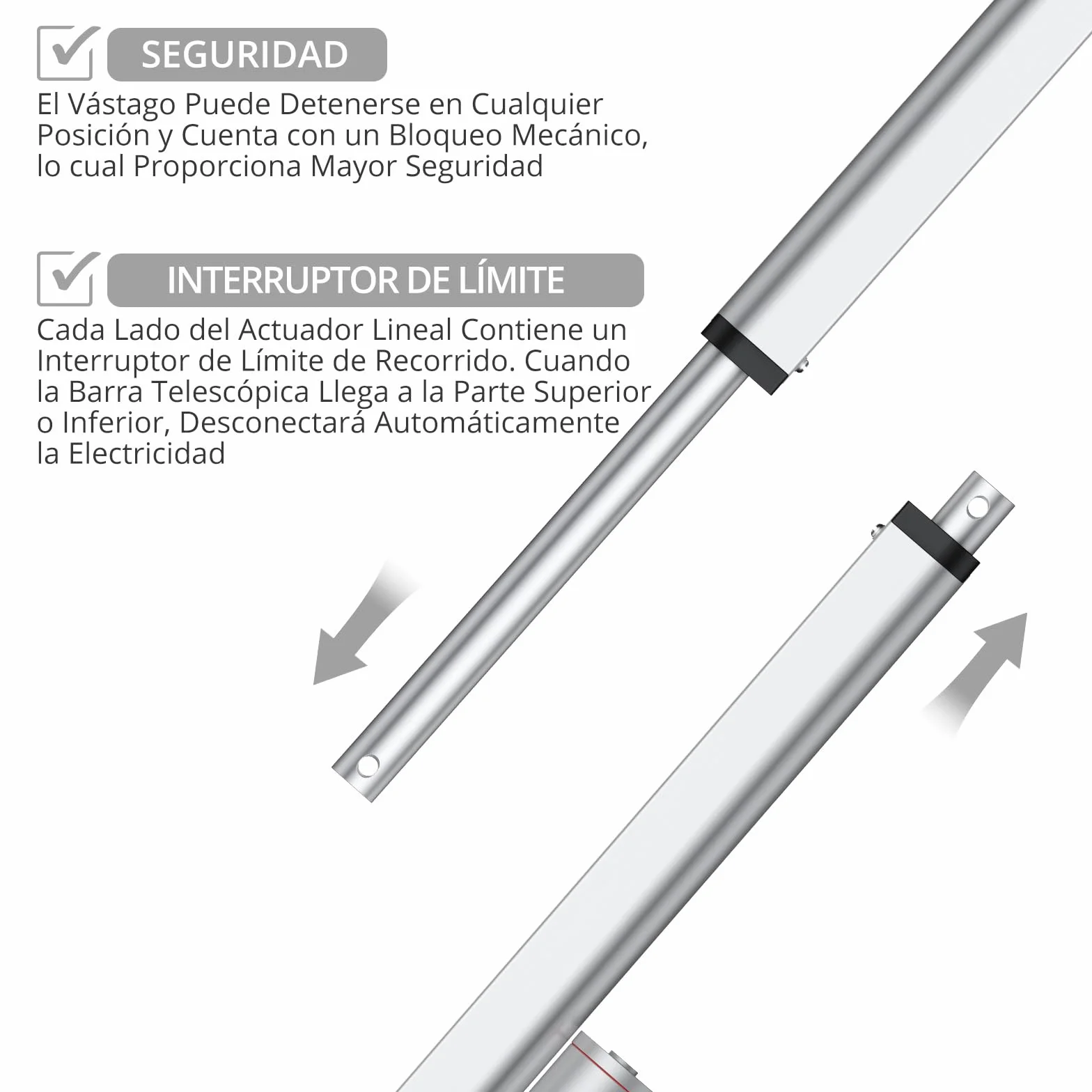 Justech Motor Actuador Lineal 250mm 12V DC 1500N 10mm/s IP65 Impermeable Aluminio Plateado