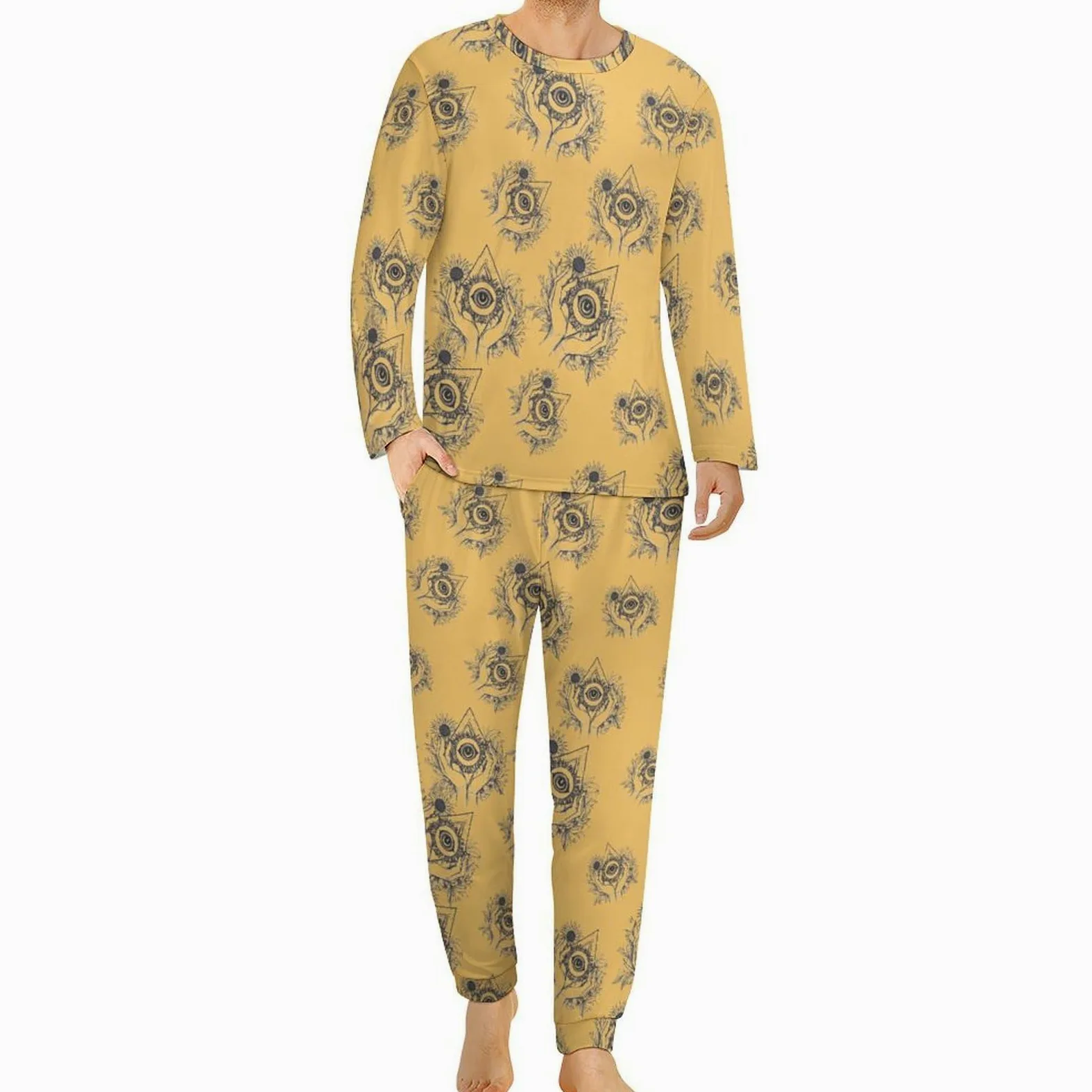 Illuminati Eye of Secret - Conjunto de pijama para hombre, cuello redondo, ropa de dormir larga, 2 piezas