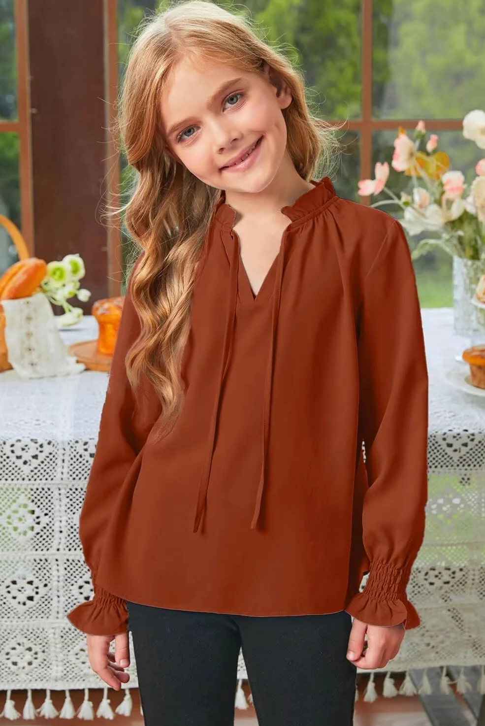 DOKOTOO KIDS Lindas blusas de gasa de manga larga para niñas, estilo casual, cuello en V, puños fruncidos, camisetas de 7 a 15 años