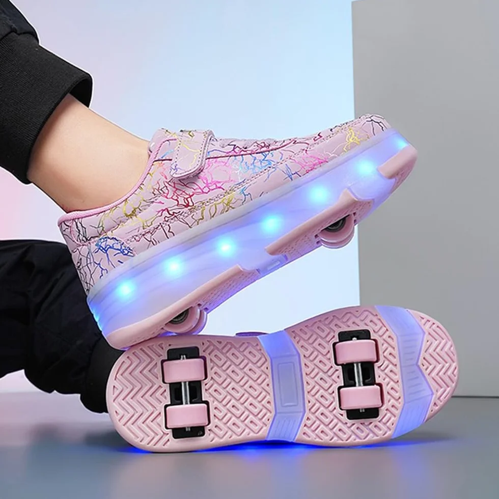 Mateju Patines Brillantes con 4 Ruedas Retirable Zapatos con Ruedas para Niños y Niñas 2 en 1