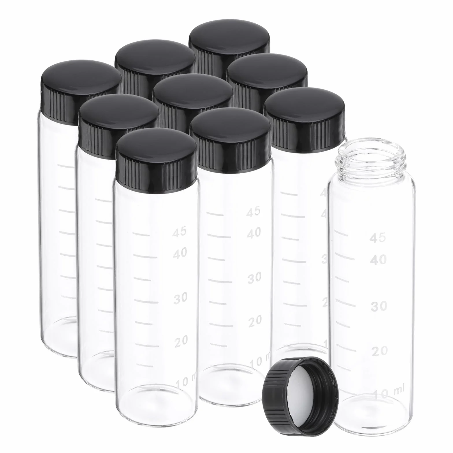 PATIKIL 10 Piezas 50 ml Viales de Vidrio Transparente con Tapa de Rosca Negra, Botellas de Muestra Graduadas de Vidrio Borosilicato