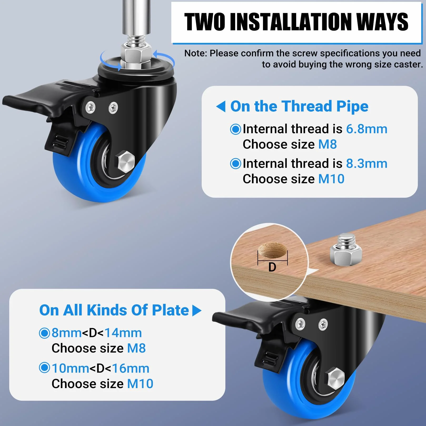 Ruedas para Muebles Pesados 50mm con Vástago Roscado M8 x 1,25x 25mm, Giratorias Carga 270KG, 360° Pivotantes con Freno, Juego de 4