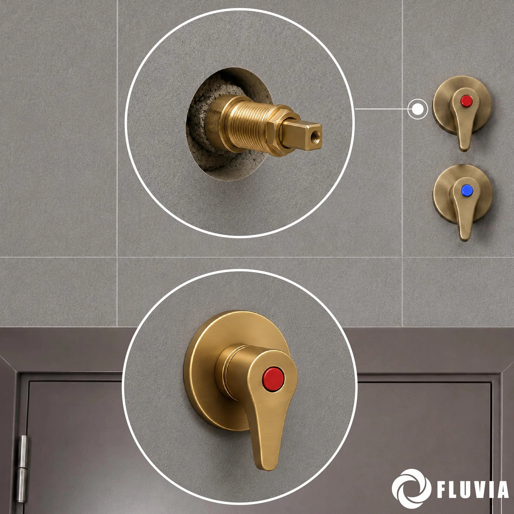 FLUVIA Embellecedor Llave Paso Mando Palanca Zamak Cromado Pulido 69x54 mm Compatible Ducha Grifo Empotrado Dorado