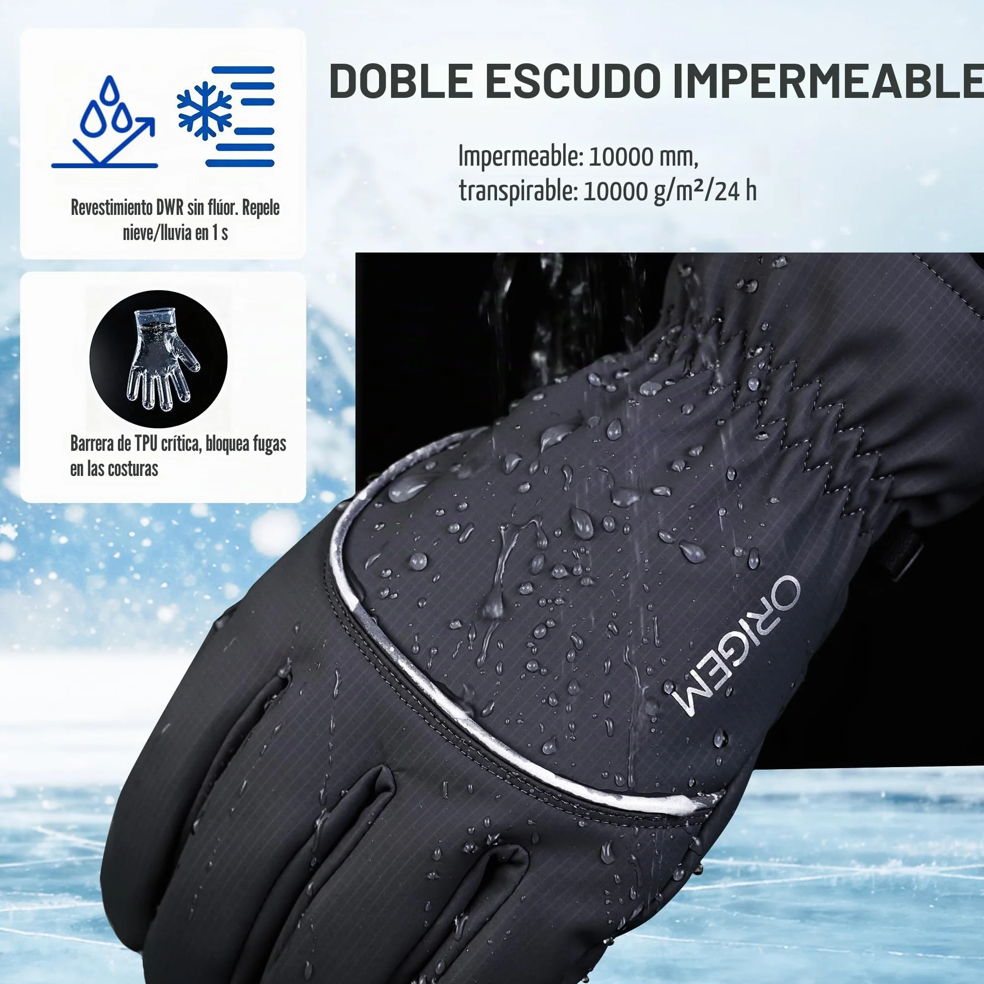 Origem Guantes Moto Invierno por Hombre Mujer, 3M Thinsulate Termicos Esqui Guantes Nieve Impermeables Felpa Pantalla Táctil Frio por Ciclismo, Running,Camping,Bicicleta,Senderismo,Esquiar