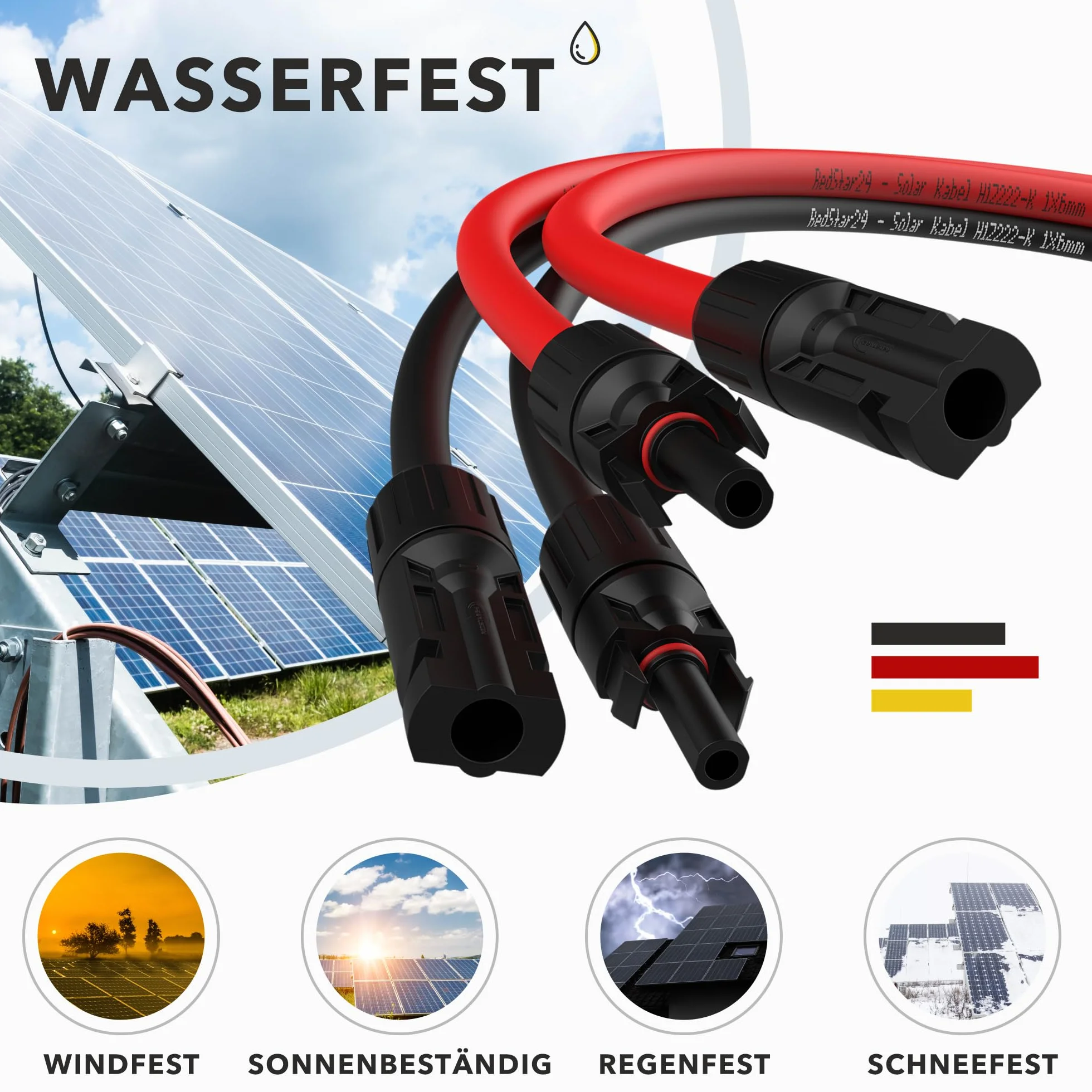 RedStar24 Cable Solar 4mm² 6mm² IP68 Extensión Fotovoltaico Resistente UV 2m