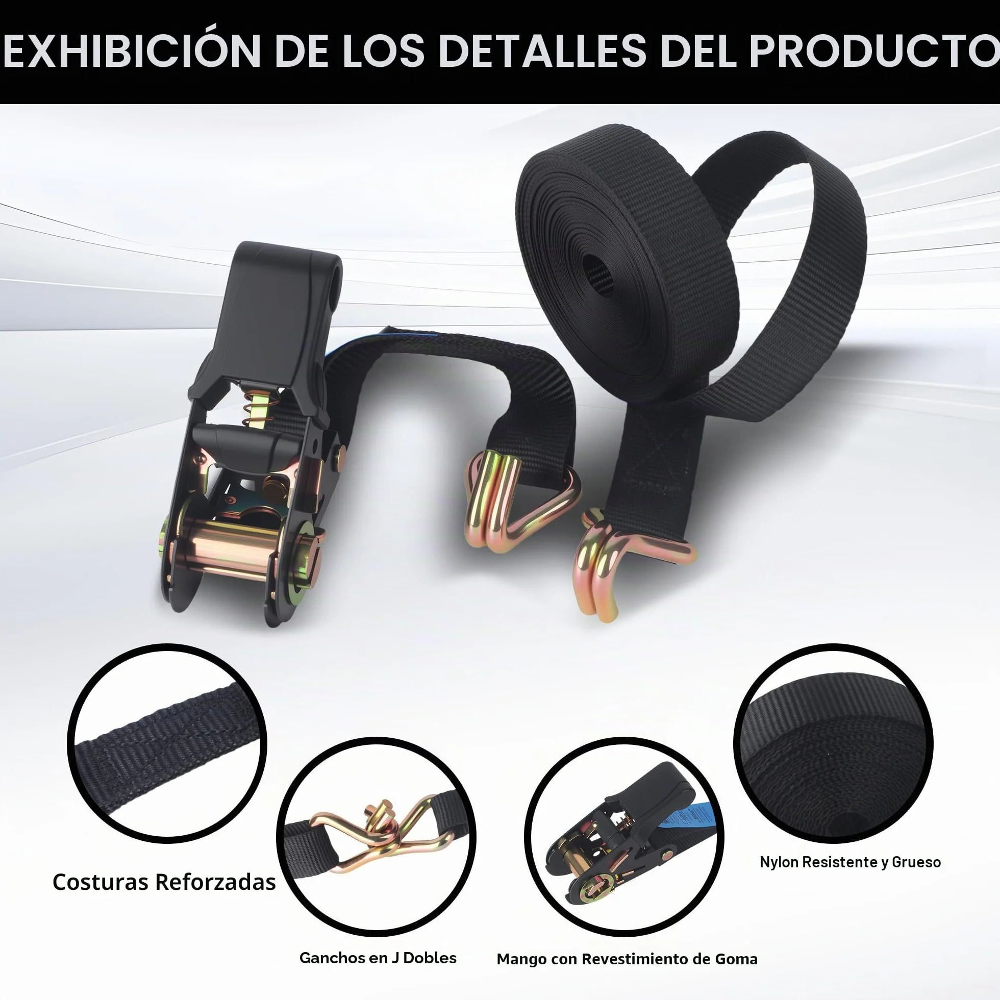 Cinchas de Amarre con Carraca, Correas Tensoras 6m x 25mm, Negro