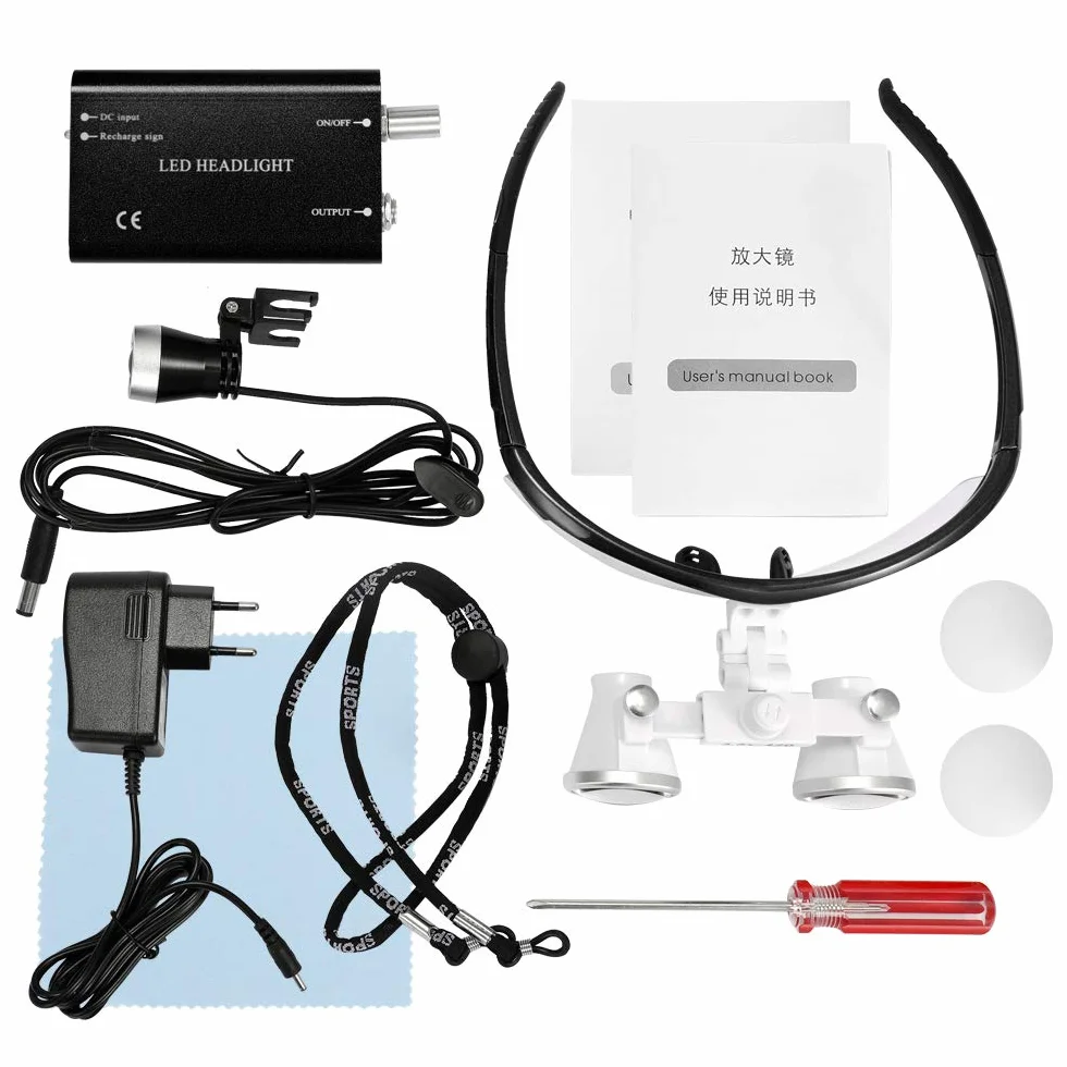 Lupa portátil 3.5X 420mm Quirúrgica Médica Lupas binoculares Auriculares Vidrio óptico LED