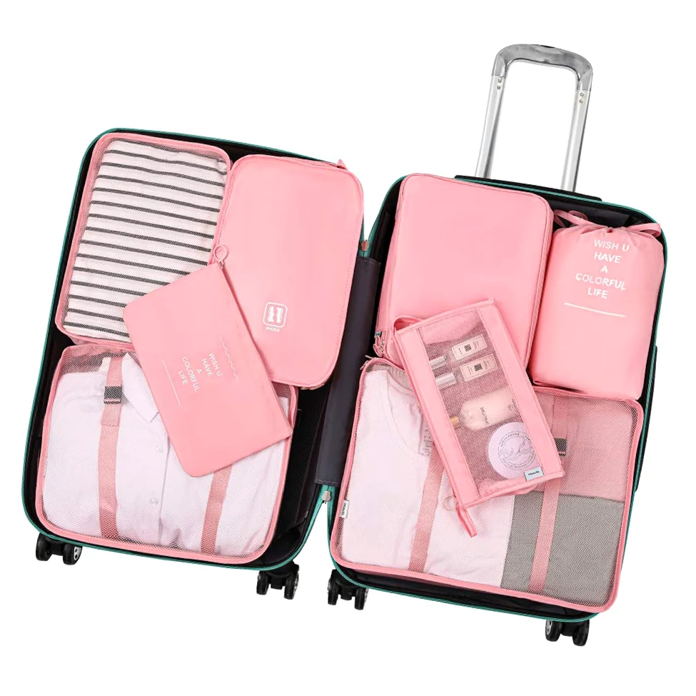 Belsmi - Juego de 8 Cubos de Embalaje con Bolsa para Zapatos - Organizador de Equipaje de Viaje (Rosa)