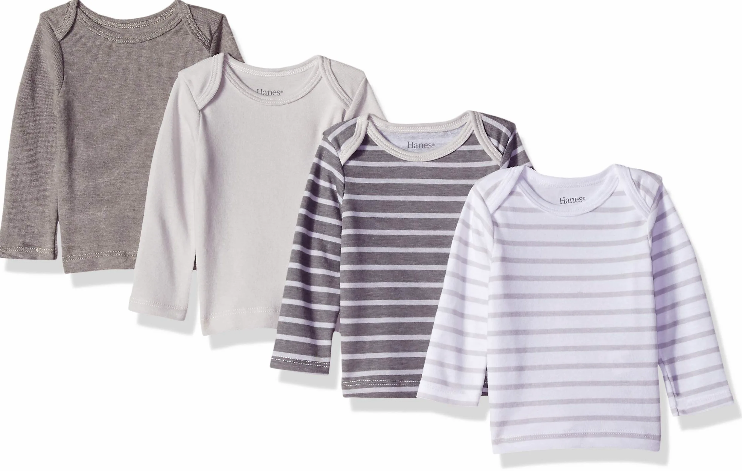 Hanes Camiseta Unisex de Manga Larga para bebé, Camiseta de Punto Flexible definitiva para niños y niñas, Paquete de 4, Gris/Blanco (Grey/White/Stripes), 0-6 Meses