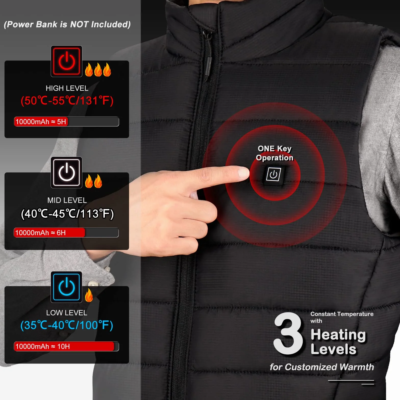 AGUG Chaleco Calentador, Chaleco Calefactable Eléctrico 3 Niveles de Temperatura Chaleco Térmico para Mujer/Hombre Chaqueta Calefactable Ideal para Moto Senderismo Caza Esquí Camping (Batería No)