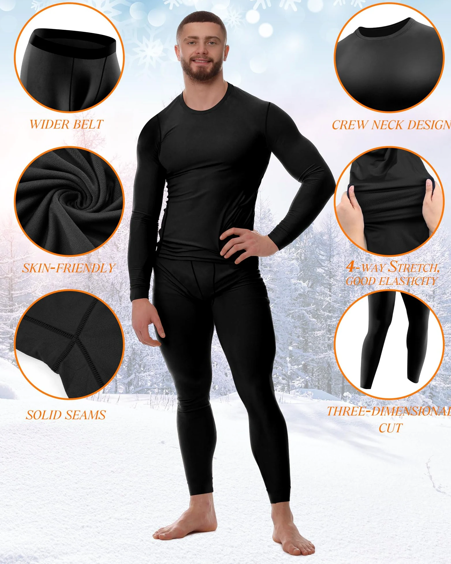 Juego de 3 ropa interior térmica de invierno para hombre, pantalones largos, capa base para hombre, clima frío, forro polar, parte superior inferior para equipo de caza, deporte, Negro, azul marino,