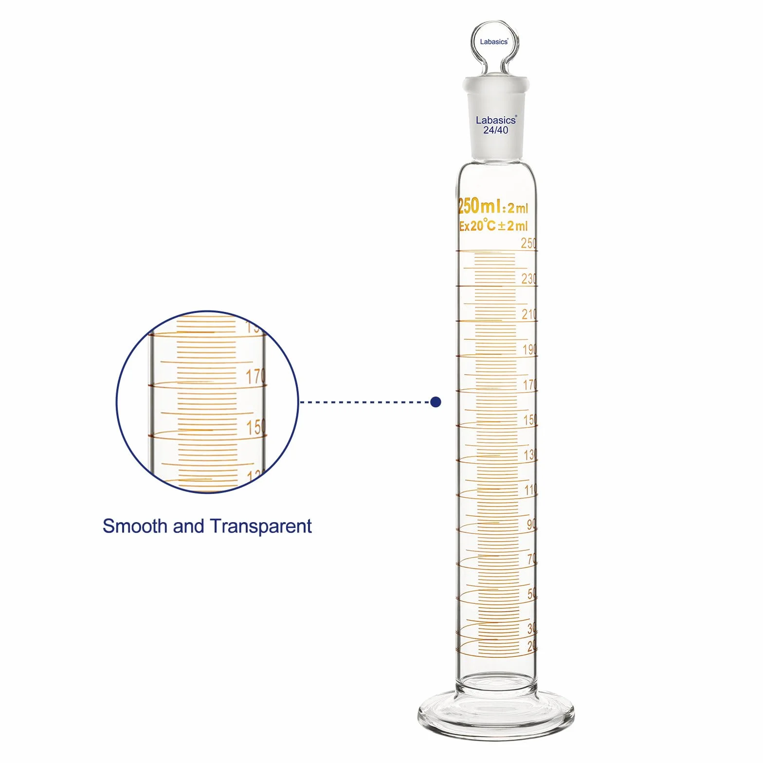 Labasics Cilindro Graduado con Tapón 250 ml Vidrio Borosilicato Junta Esmerilada 24/40 Laboratorio Medición Líquidos