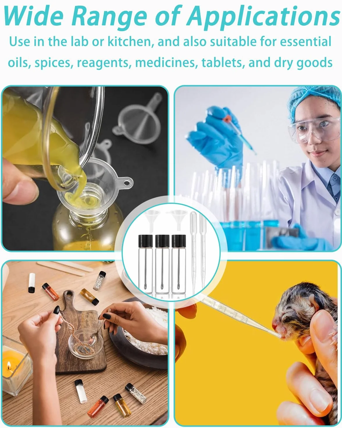 Viales de muestra de laboratorio 65Mm Frasco Almacenamiento Vidrio Transparente con Cuchara Telescópica 2 Embudos 2 Goteros