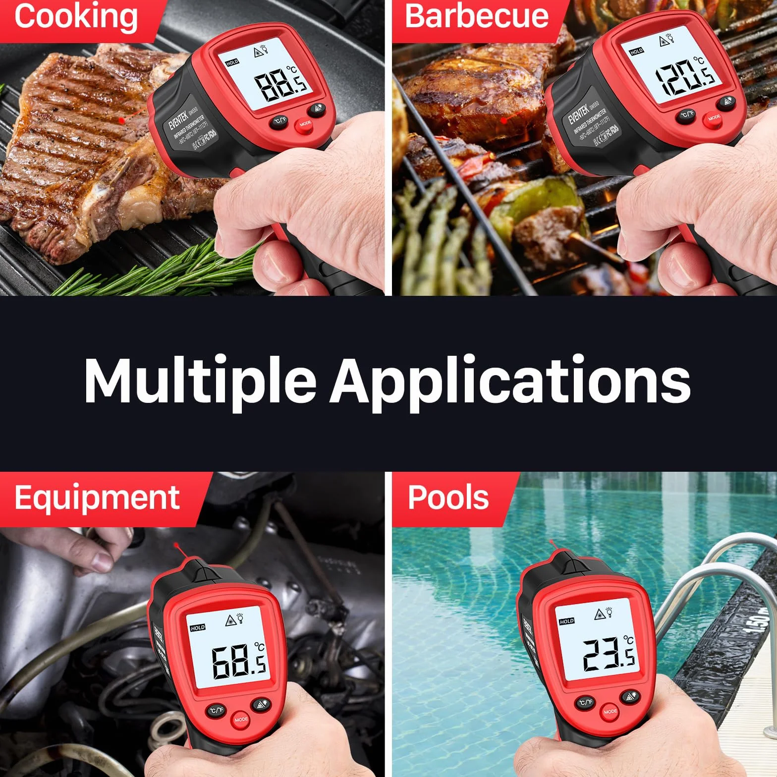 Eventek Termometro Infrarrojos Cocina -50℃~600℃ LCD Laser Pistola Temperatura Sin Contacto Emisividad Ajustable BBQ