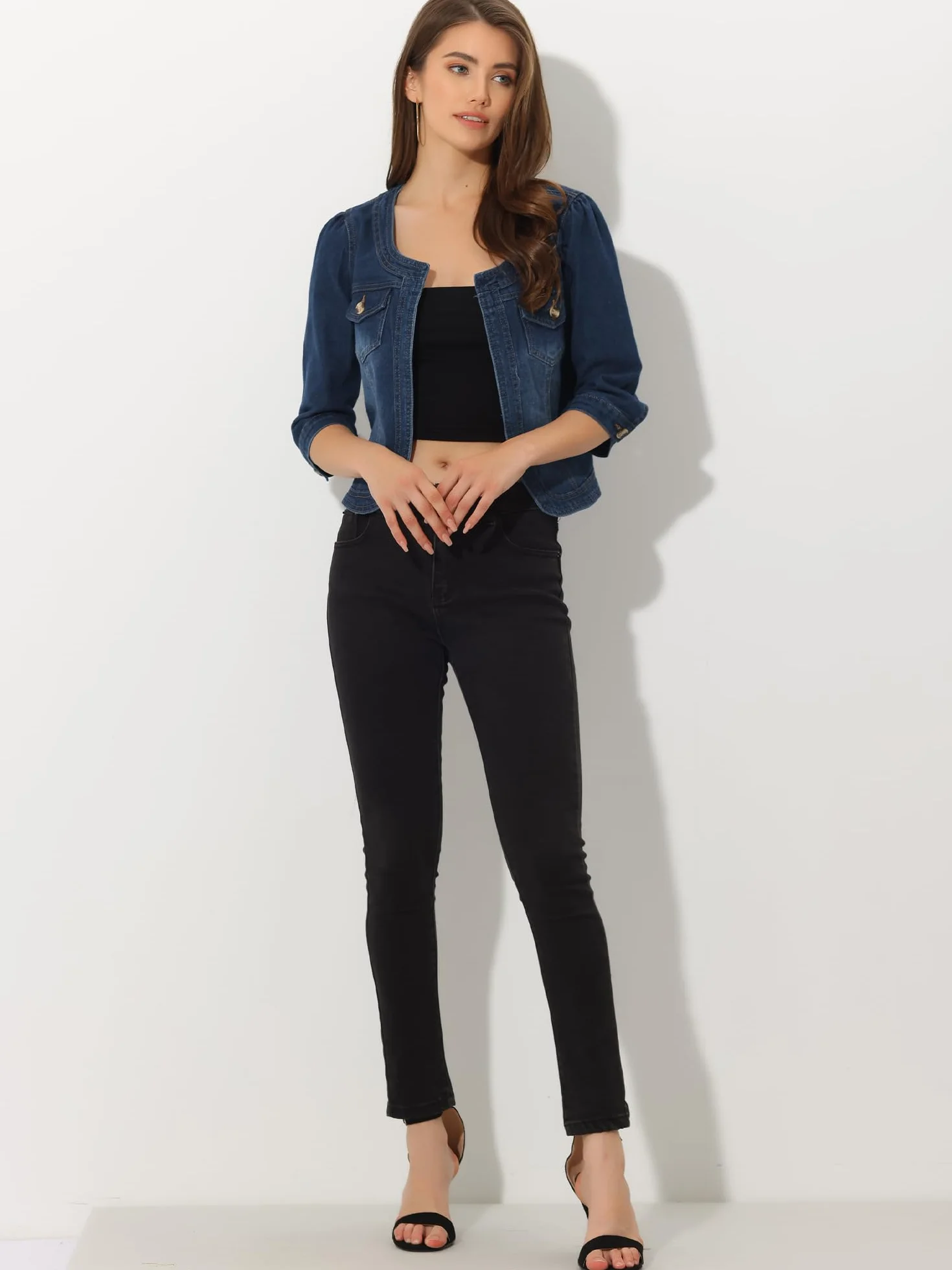 Allegra K Chaqueta Corta Mezclilla Mujer Sin Cuello Manga 3/4 Cárdigan Vaquero