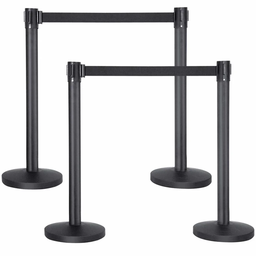 Yaheetech 4pcs Postes Separadores Cinta Extensible 2 Metros Conexión de 4 Vías Cinta Prohibido el Paso Postes de Barrera de Control de Multitudes Retráctiles Negro