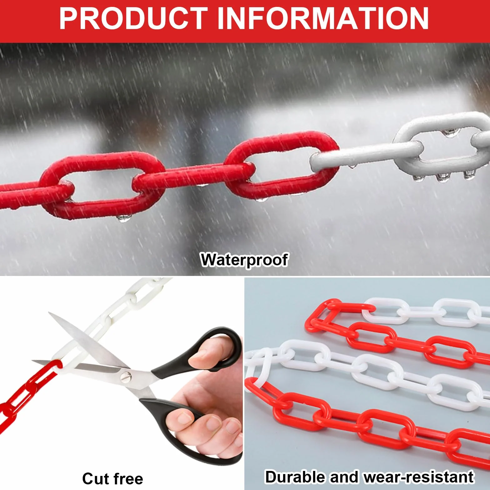 Cadena de seguridad roja y blanca 25 m 6 mm plástico con 4 mosquetones