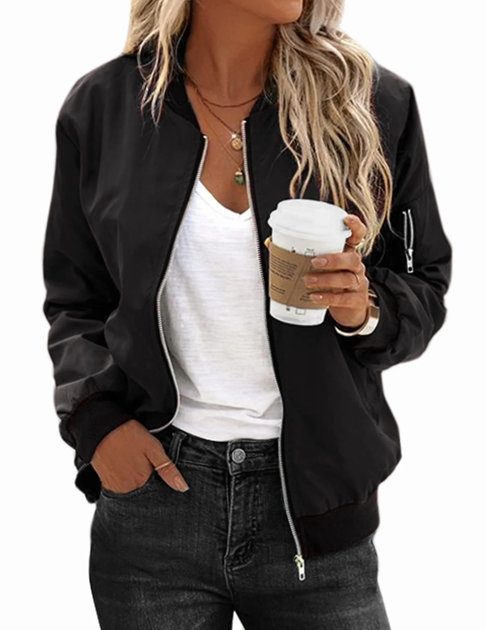 Zeagoo Chaqueta Bomber para Mujer Corto Cremallera Manga Larga