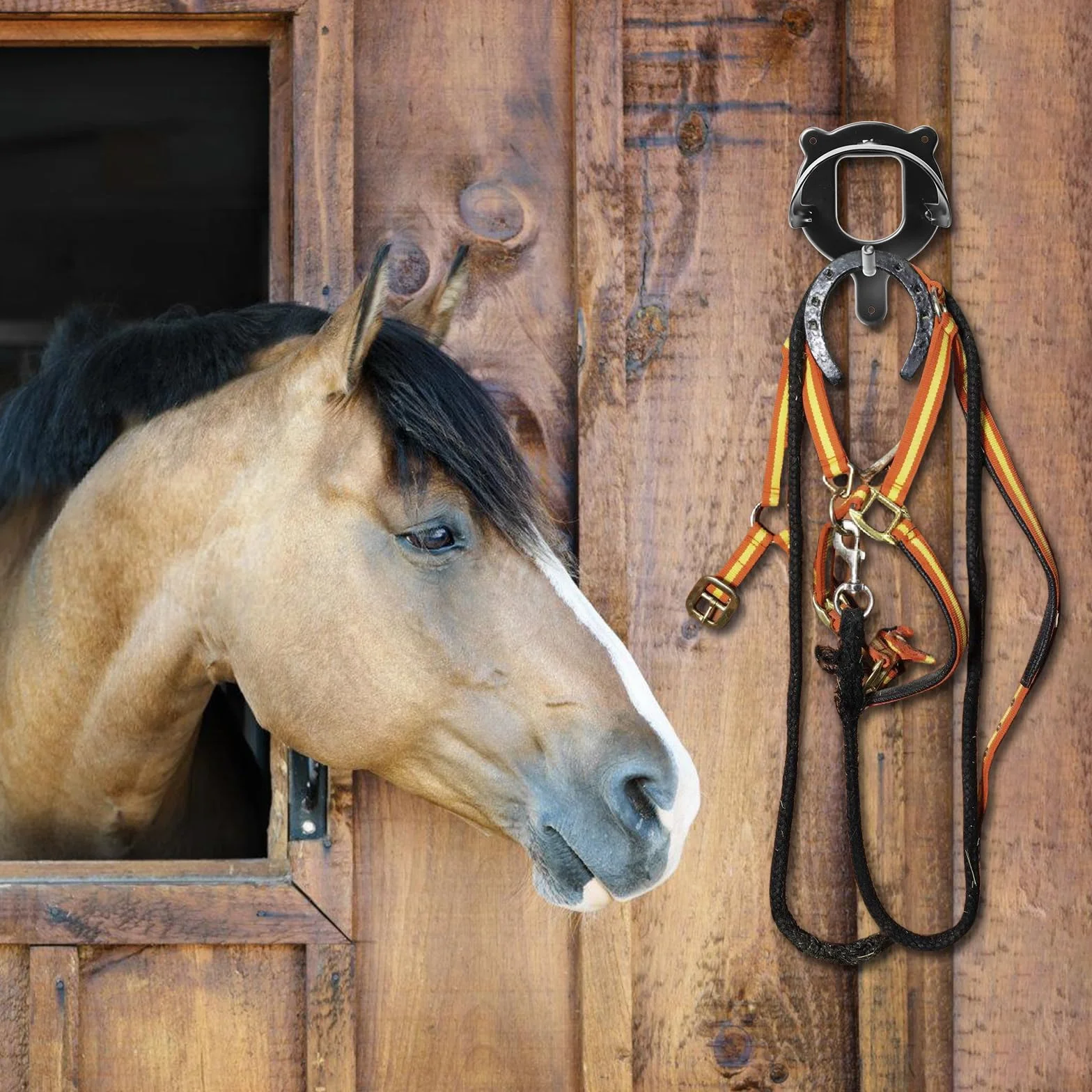 Soporte para caballo de metal negro, gancho de trinquete con tubos y tornillo, brida auxiliar