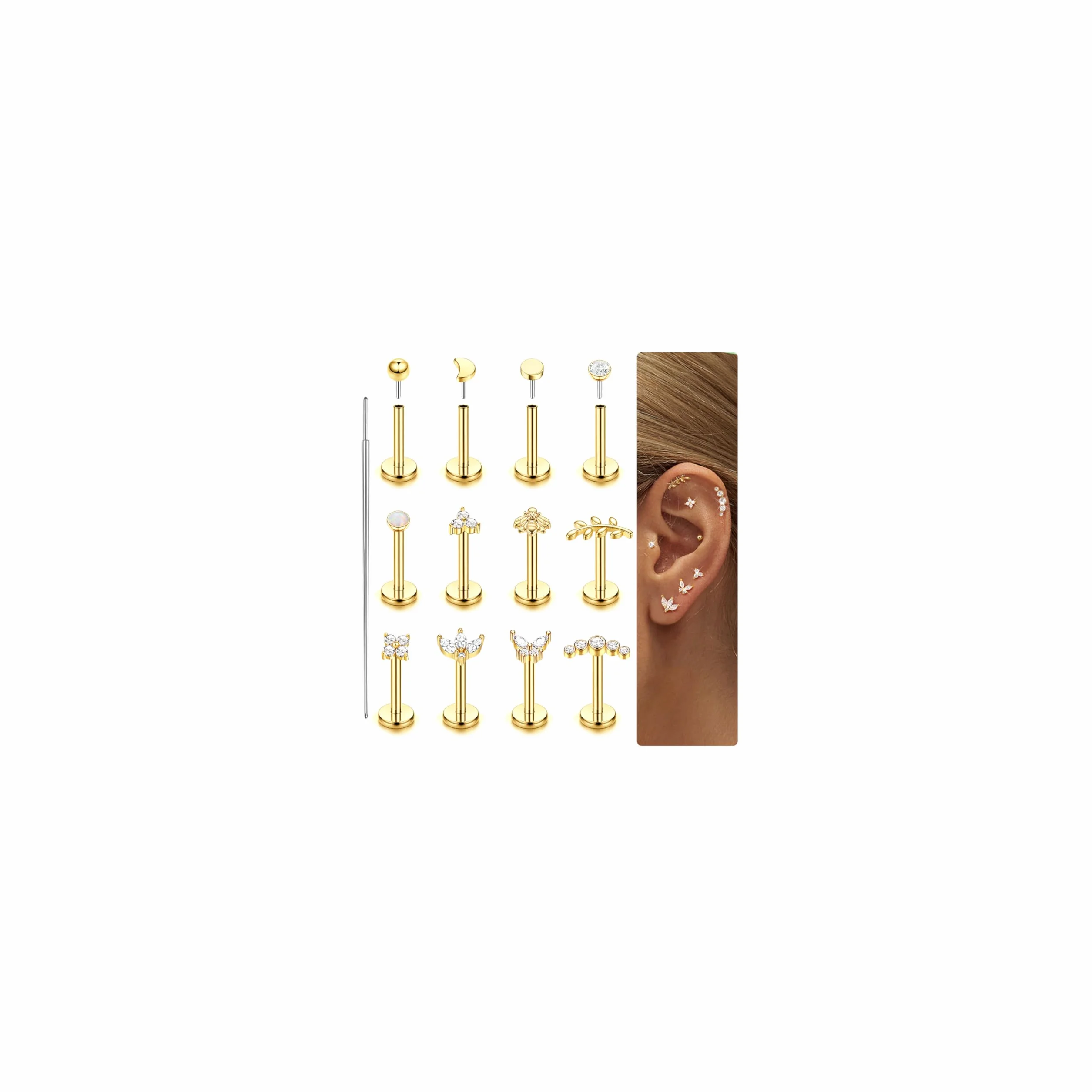 LOLIAS 16G/20G Piercing Oreja Tragus Labret Acero Quirurgico Hipoalergénico CZ Pendiente Mujer Pequeño Conch Helix Labio Oro/Plata