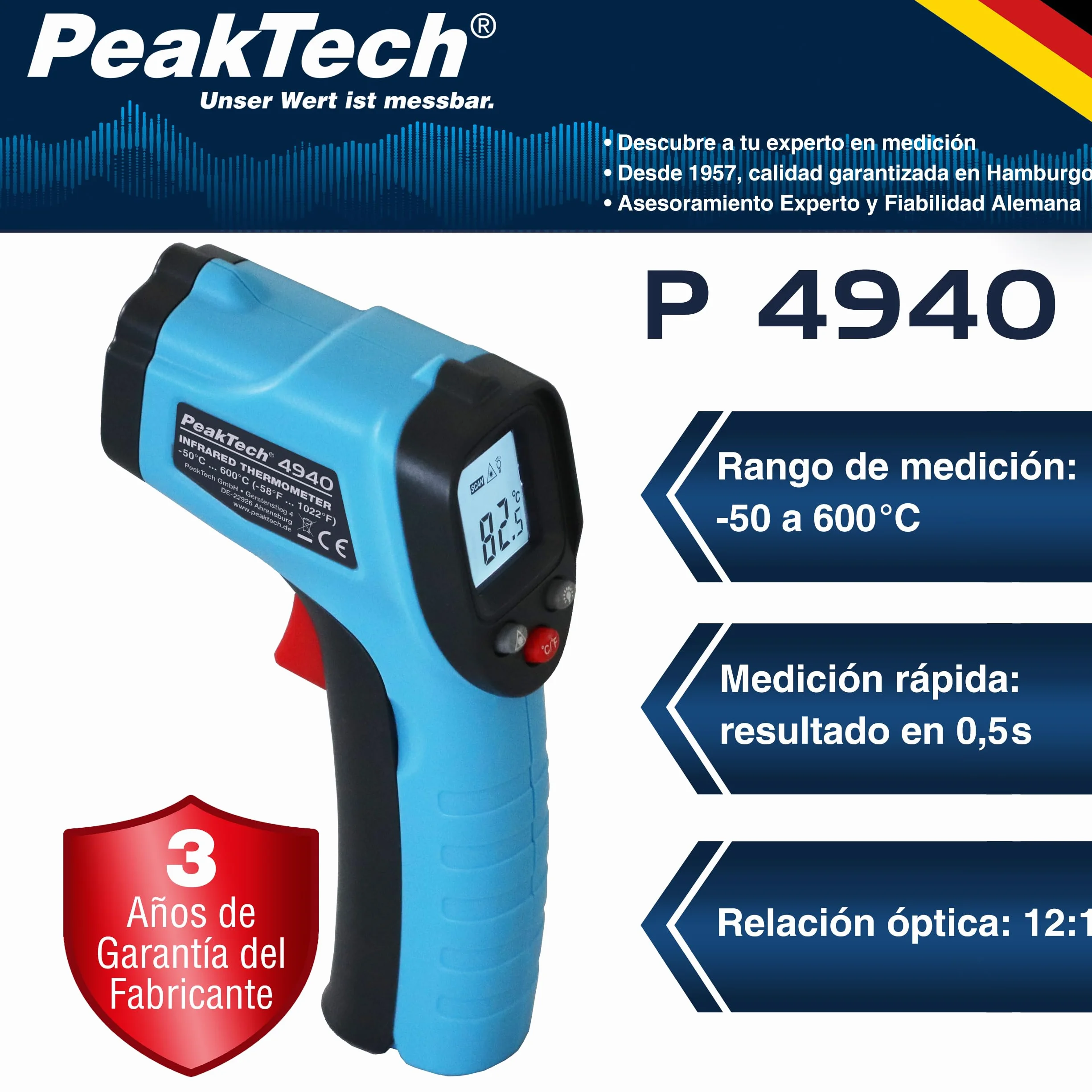PeakTech 4940 Termómetro infrarrojos láser -50°C 600°C relación 12:1 medición rápida temperatura superficial 0,5s