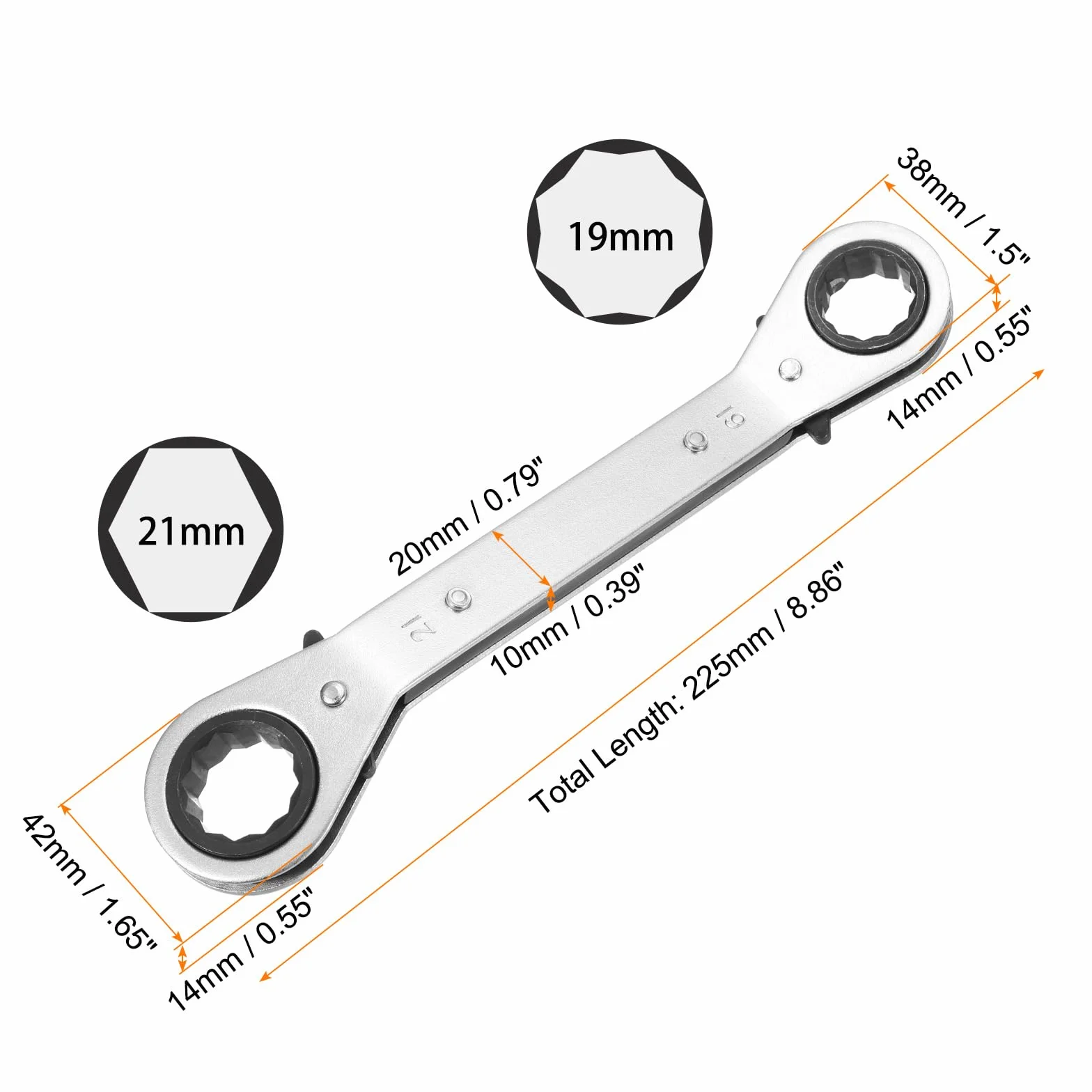 QUARKZMAN Llave De Trinquete Reversible Doble Extremo 19x21mm Acero CR-V 12 Puntos 24 Dientes