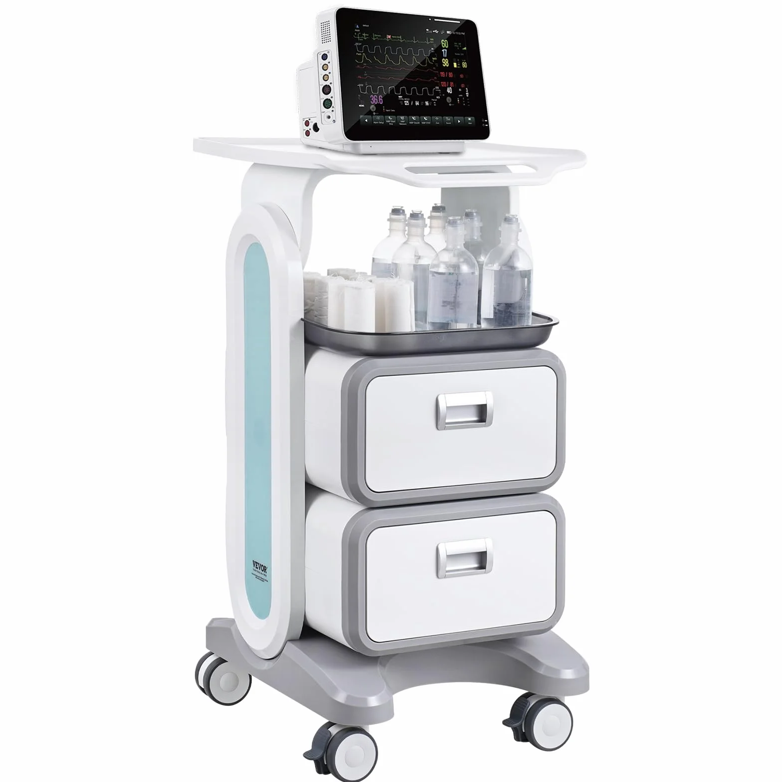 VEVOR Carro Médico 3 Niveles con 2 Cajones, ABS Blanco para Laboratorio Clínica Hospital